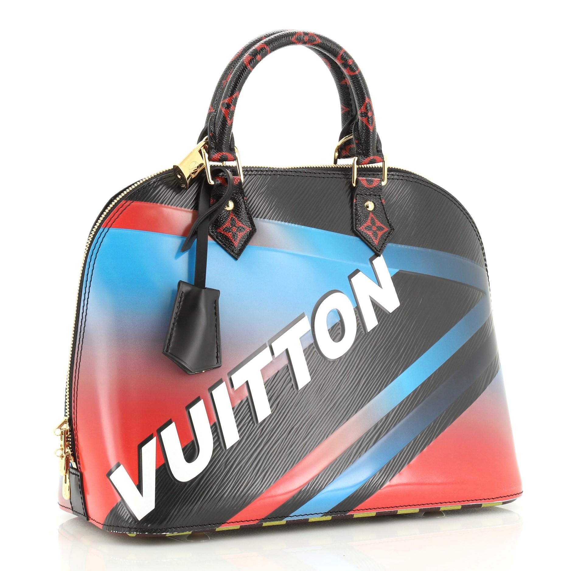 This Louis Vuitton Alma Handbag Limited Edition Race Epi Leather PM, crafted from multicolor epi leather, features dual rolled handles and gold-tone hardware. Its two-way zip closure opens to a black microfiber interior with a slip pocket.