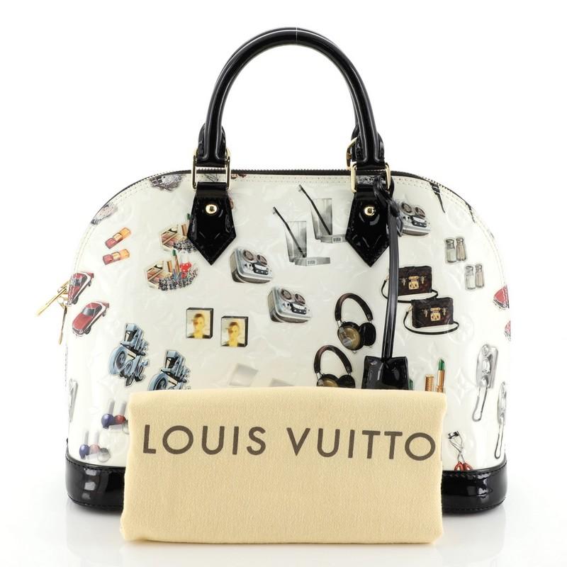 This Louis Vuitton Alma Handbag Limited Edition Stickers Monogram Vernis PM, crafted from white vernis leather with a retro stickers print, features dual rolled handles, and gold-tone hardware. Its two-way zip closure opens to a black fabric
