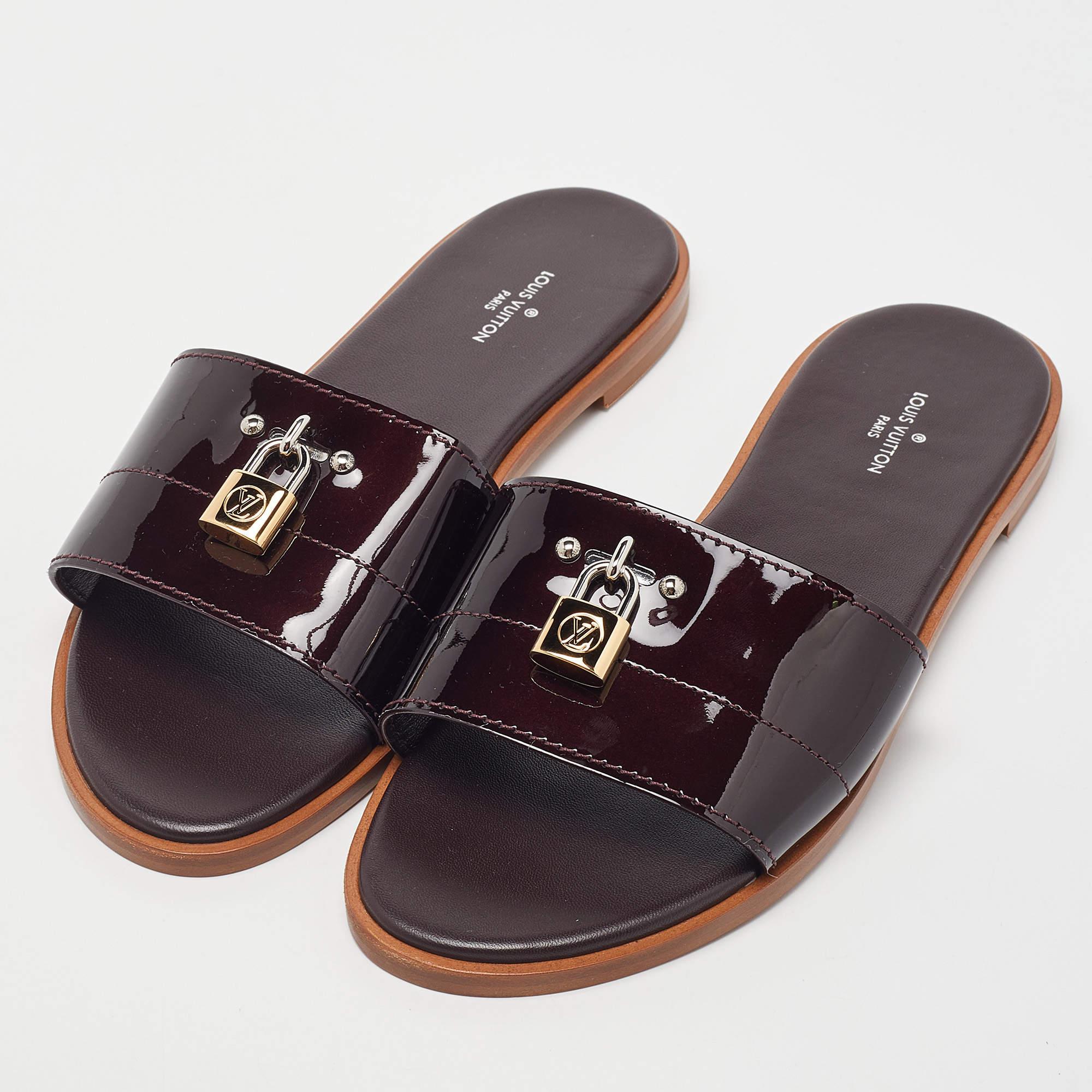 Women's Louis Vuitton Amarante Patent Leather Lock It Flat Sandals Size 38