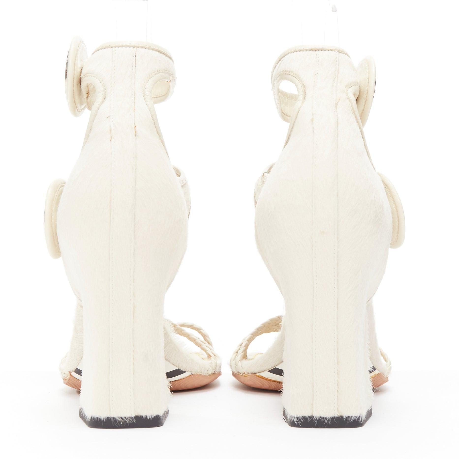 Women's LOUIS VUITTON Anaconda white calf hair silver button braided chunky heel EU37 For Sale