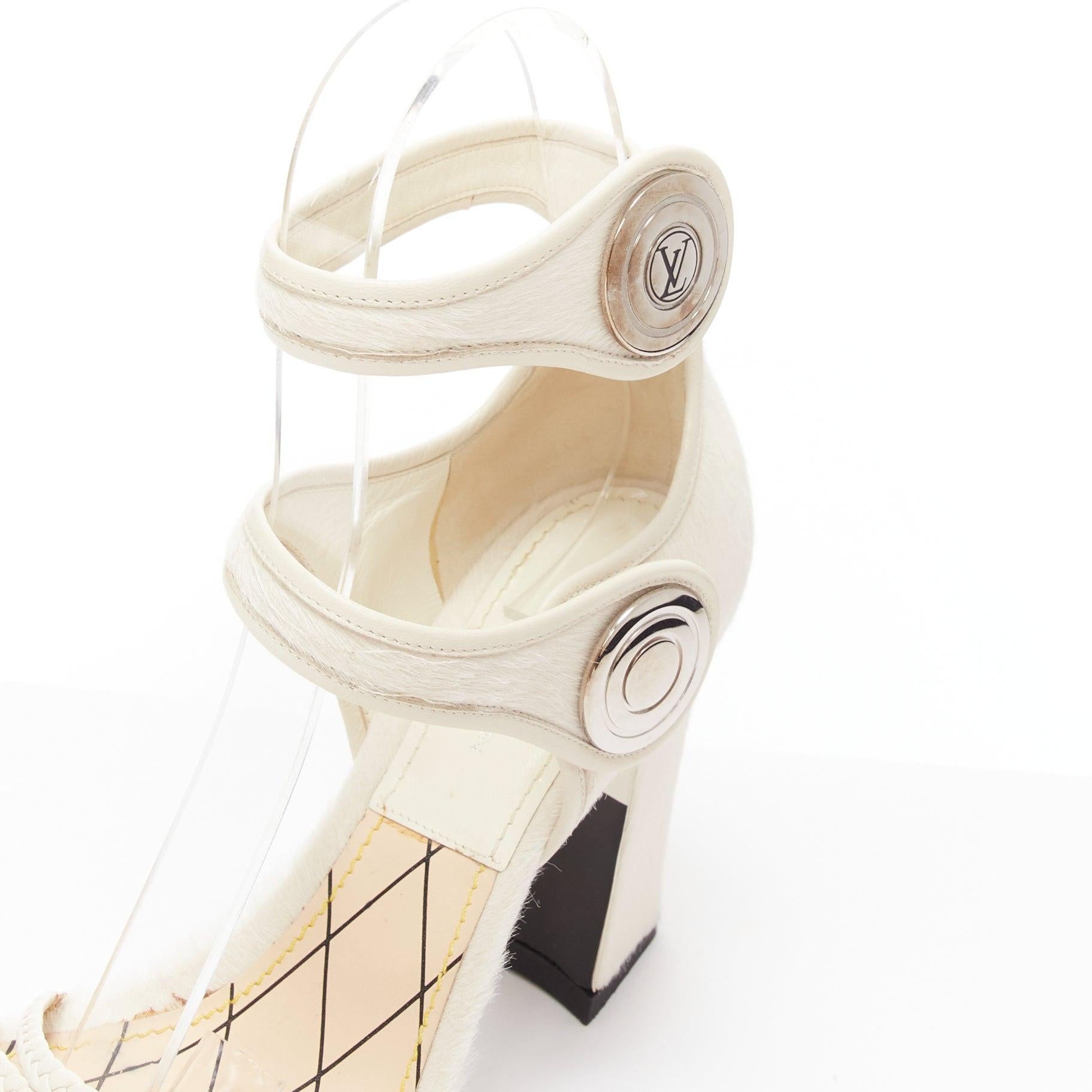 LOUIS VUITTON Anaconda white calf hair silver button braided chunky heel EU37 For Sale 2