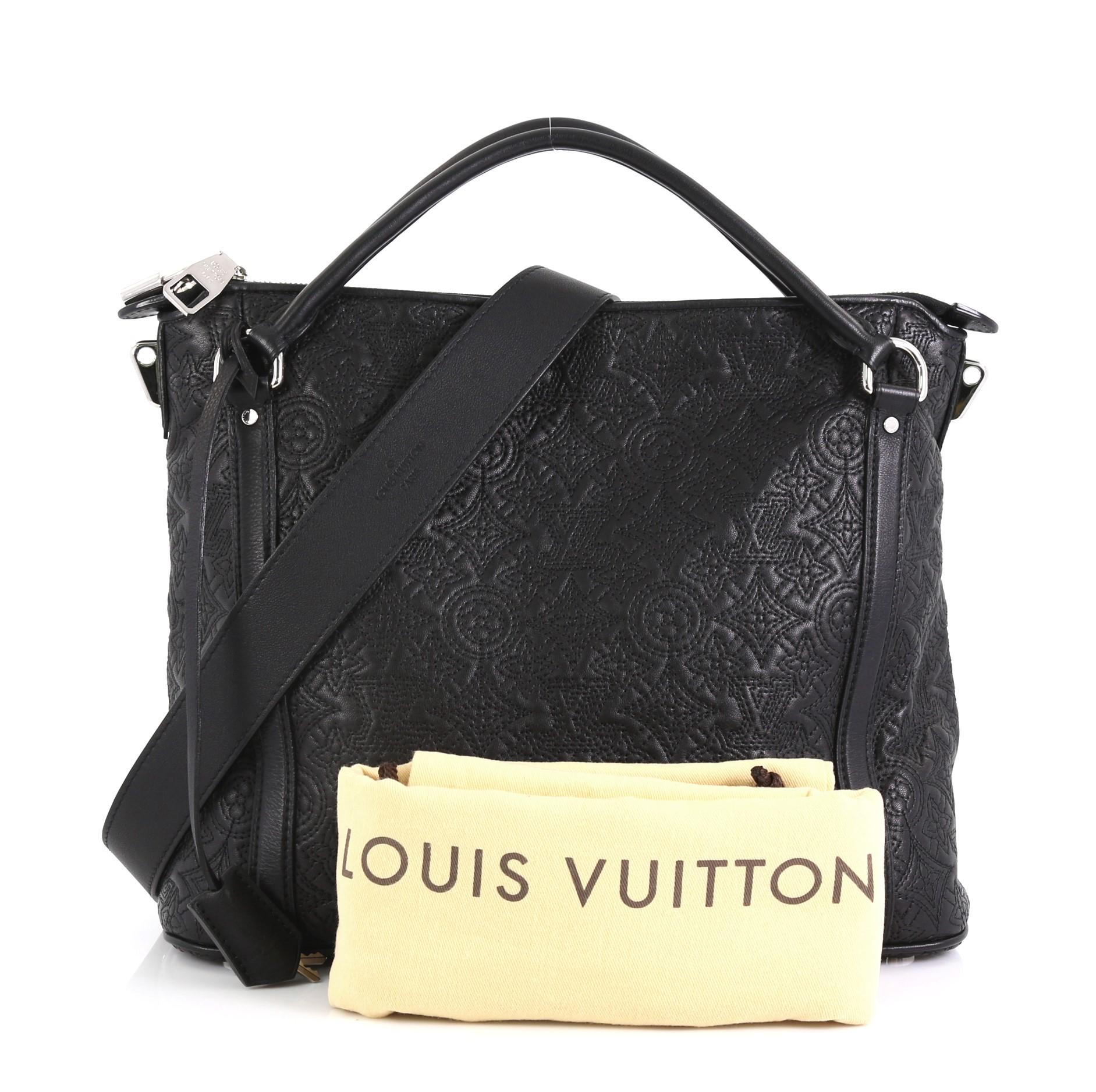 This Louis Vuitton Antheia Ixia Handbag Leather PM, crafted in black leather, features dual rolled leather handles, stitched monogram flower patterns, and silver-tone hardware. Its zip closure opens to a black microfiber interior with zip and slip