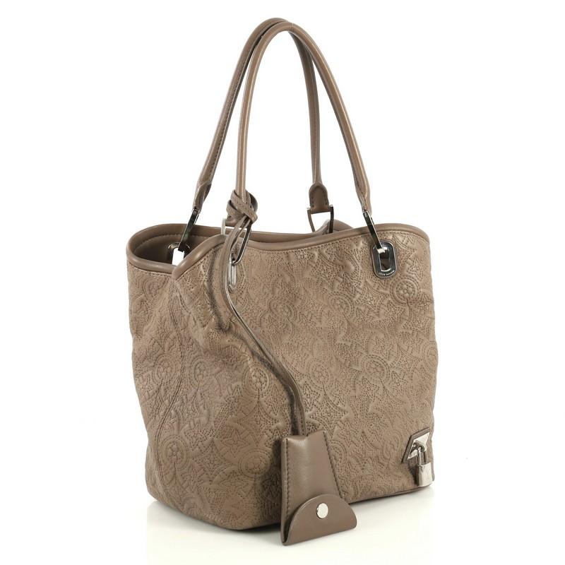 This Louis Vuitton Antheia Lilia Handbag Leather PM, crafted from neutral monogram antheia embroidered leather, features dual rolled leather handles, decorative padlock, protective base studs, and silver-tone hardware. Its hidden magnetic closure
