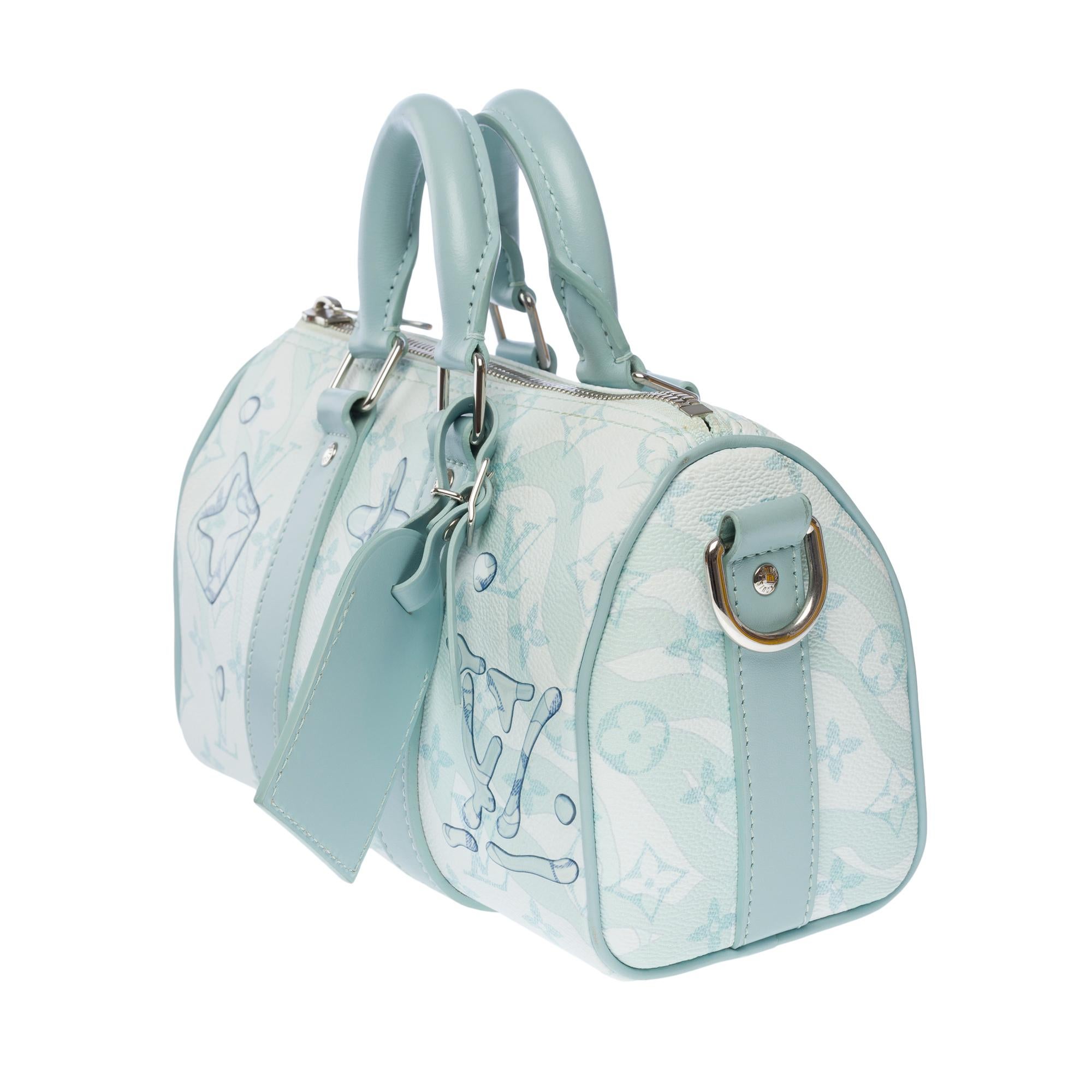 Women's or Men's Louis Vuitton AquaGarden keepall 25 strap in crystal blue monogram canvas, SHW For Sale