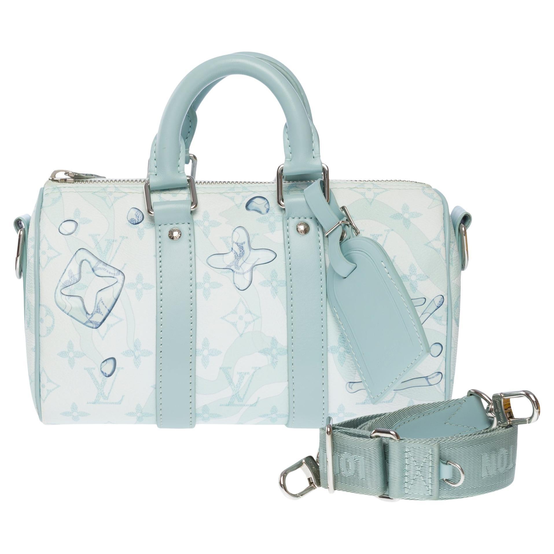 Louis Vuitton AquaGarden keepall 25 strap in crystal blue monogram canvas, SHW For Sale