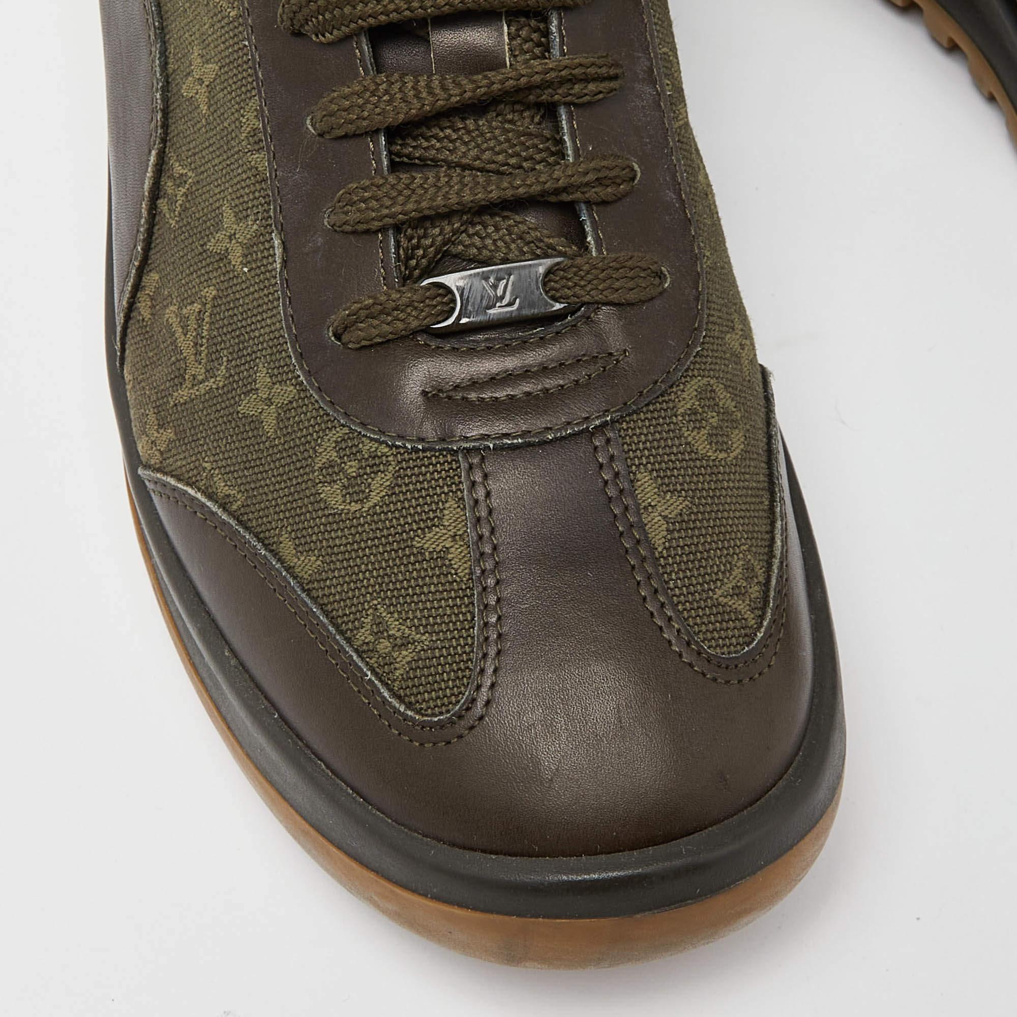 Women's Louis Vuitton Army Green Leather and Monogram Canvas Mini Lin Sneakers Size 40.5 For Sale