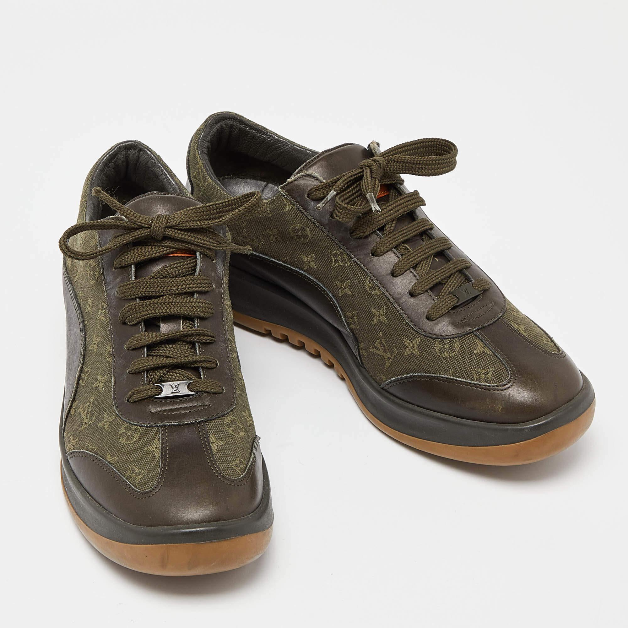 Louis Vuitton Army Green Leather and Monogram Canvas Mini Lin Sneakers Size 40.5 For Sale 1