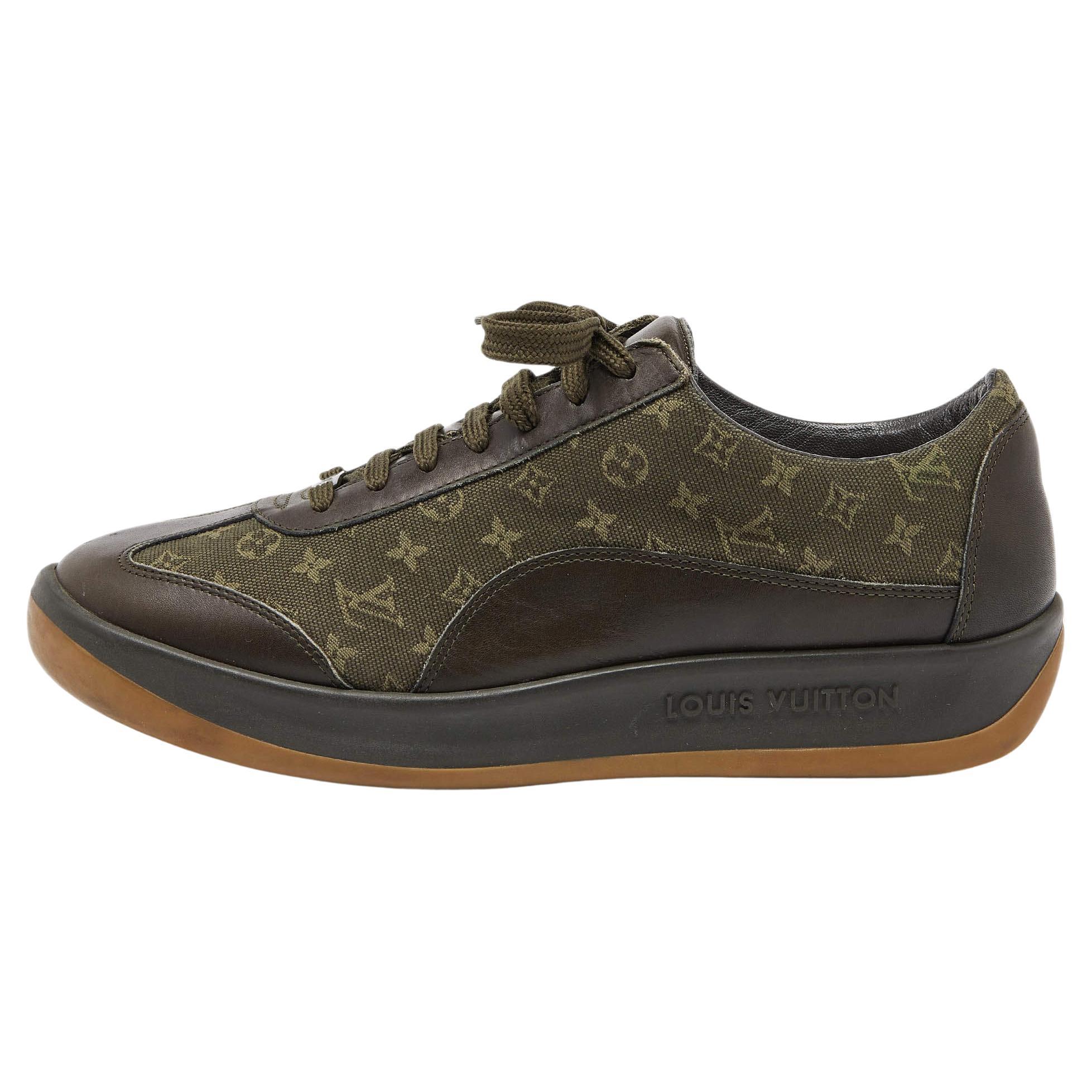 Louis Vuitton Army Green Leather and Monogram Canvas Mini Lin Sneakers Size 40.5 For Sale