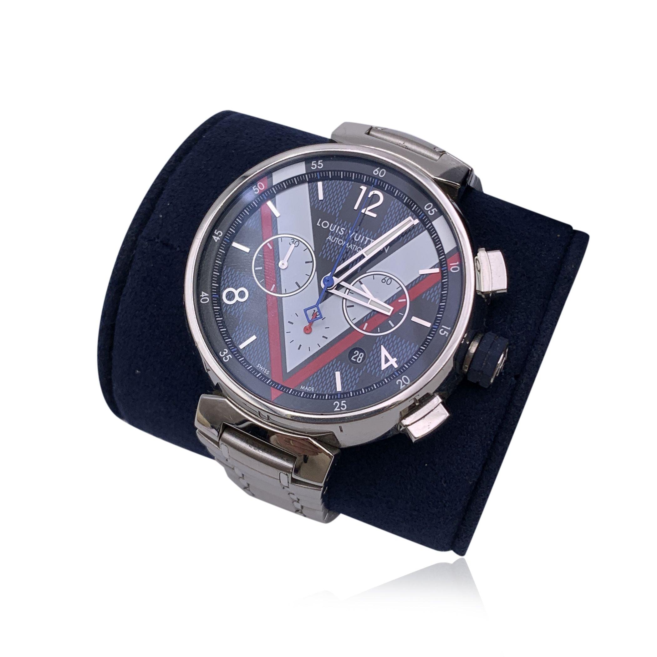 Louis Vuitton Automatic Tambour Damier Cobalt Chronograph Watch In Excellent Condition For Sale In Rome, Rome