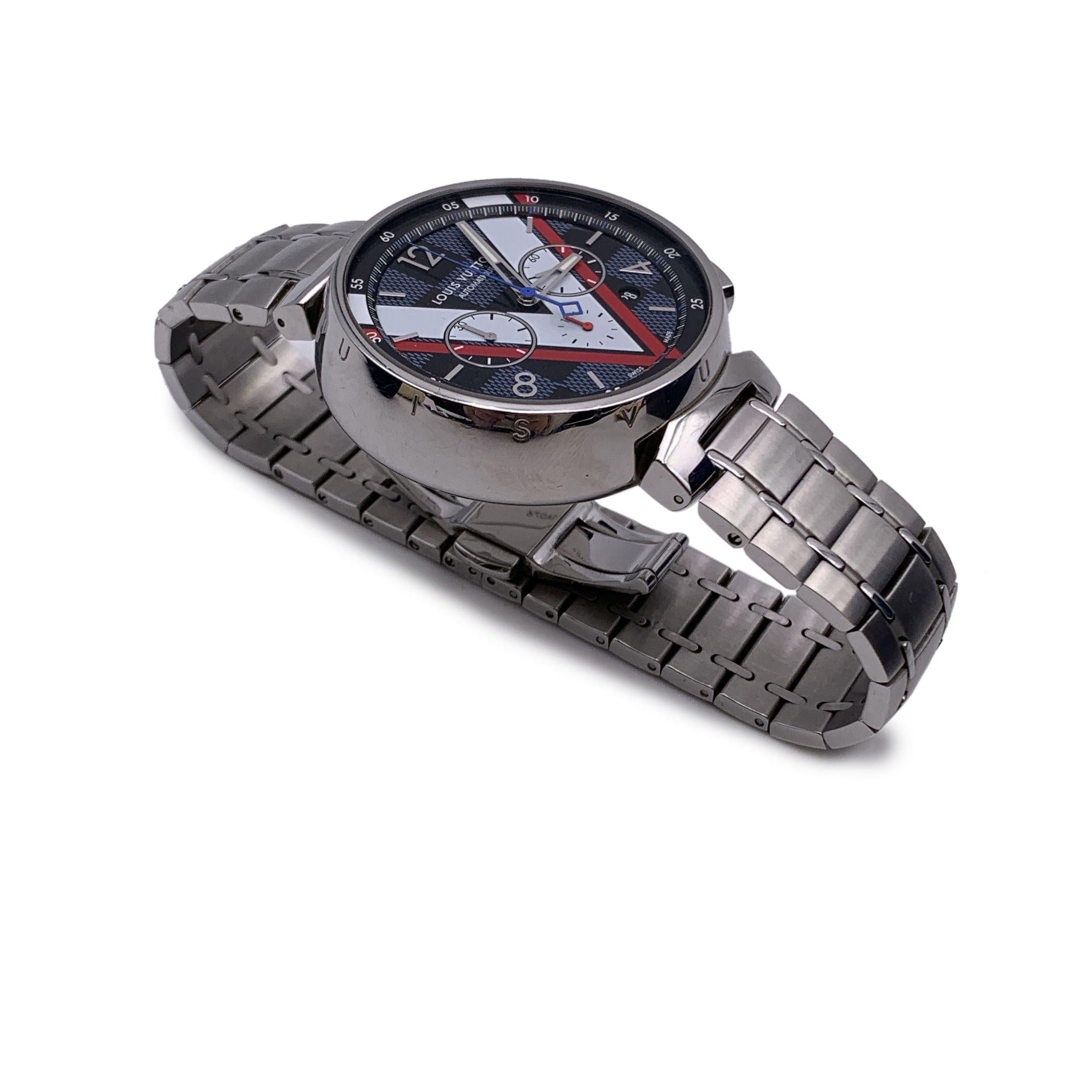 Louis Vuitton Automatic Tambour Damier Cobalt Chronograph Watch For Sale 1