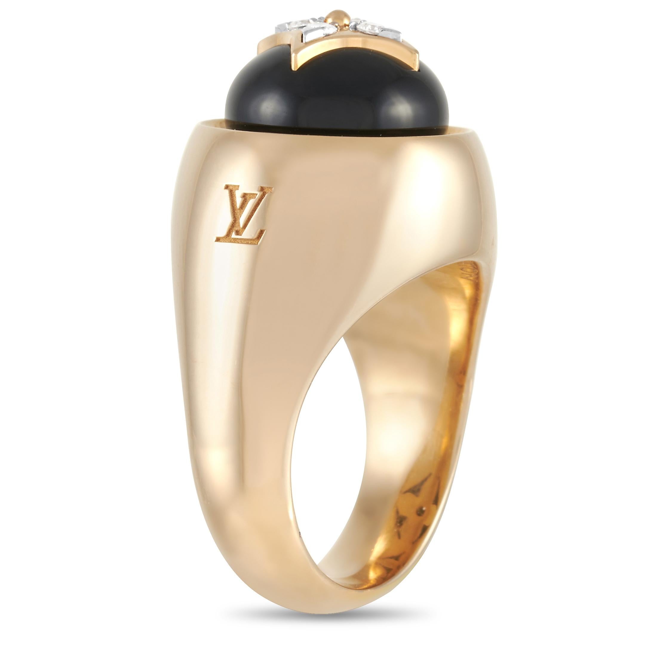 A ring with an attitude. Bold in look and modern in design, this signet ring in 18K yellow gold features a reimagined LV monogram flower. At the top center of the 6mm band with 10mm top height is a round onyx topped with the iconic motif composed of