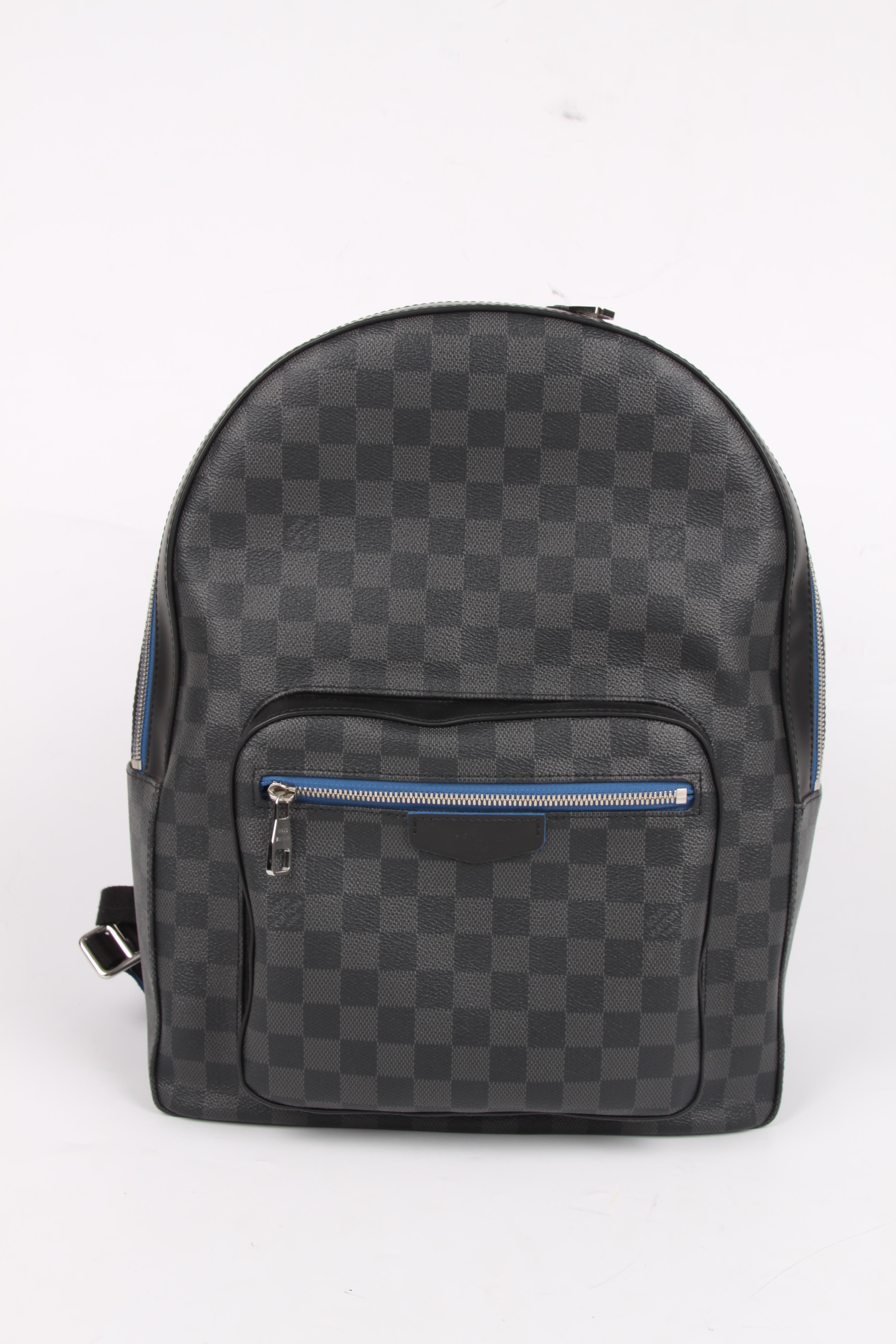A stylish backpack by Louis Vuitton; this is the Josh Neon.

Crafted from signature Damier Check canvas, this time in grey with blue trim details. Silver-tone hardware, a zipped patch pocket at the front with a silver-tone lock. Adjustable black