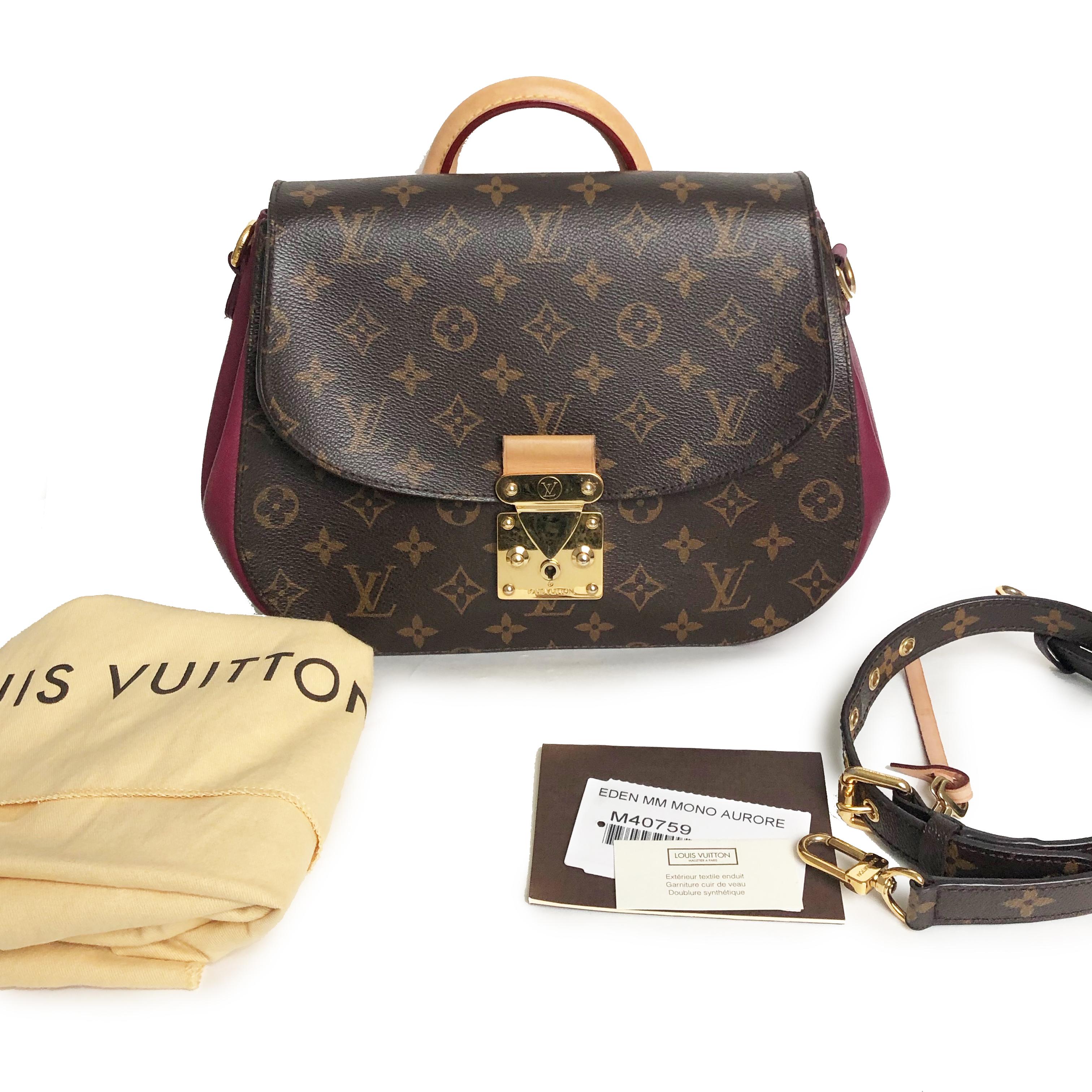 Preowned and authentic Louis Vuitton Eden MM Monogram Aurore Shoulder Bag with shoulder strap, keys and dust bag, made in 2012. Great bag from Louis Vuitton that can be worn on the shoulder or carried by it's top handle! Approximate measurements: