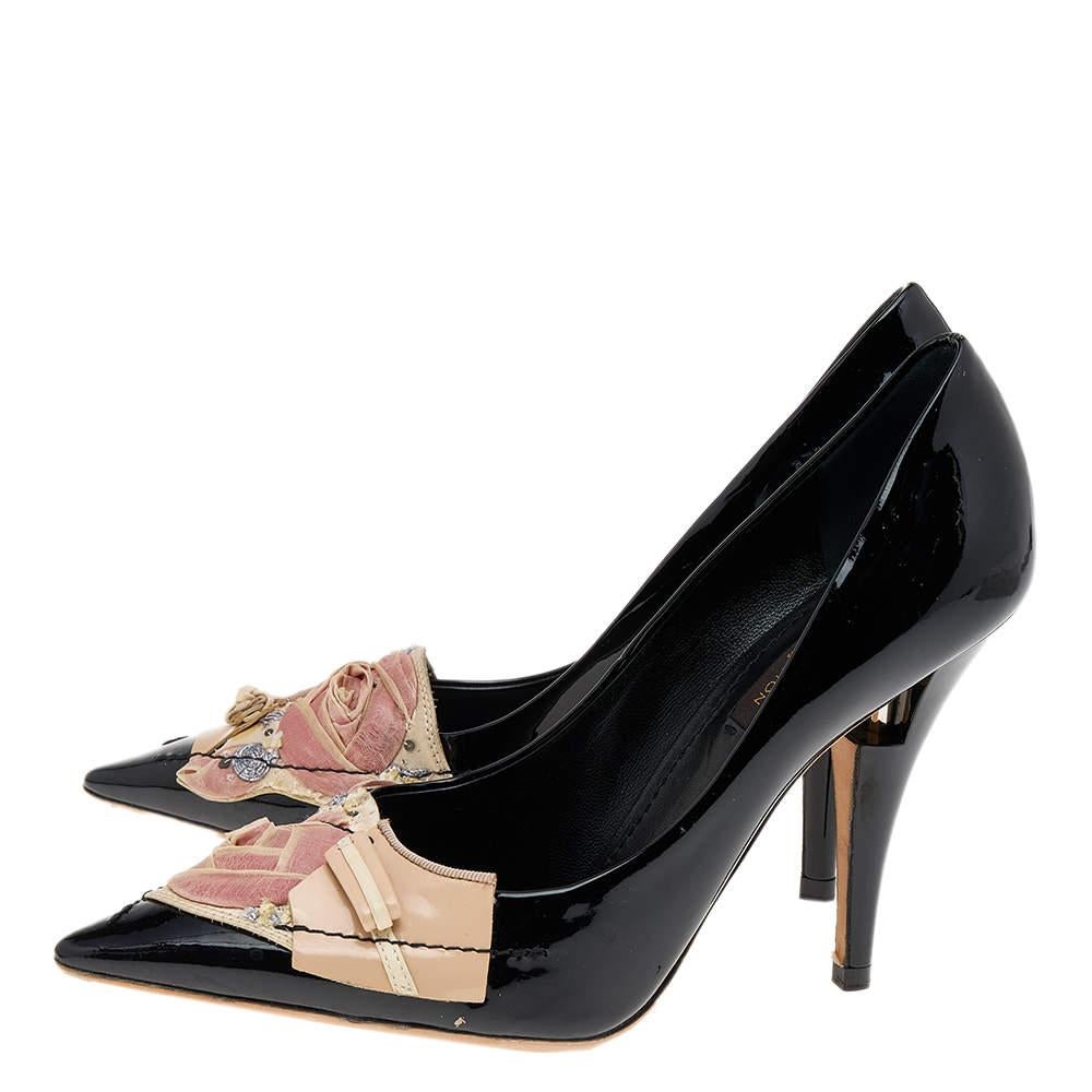 Louis Vuitton Beige/Black Canvas And Patent Leather Embellished Pumps Size 36.5 For Sale 1