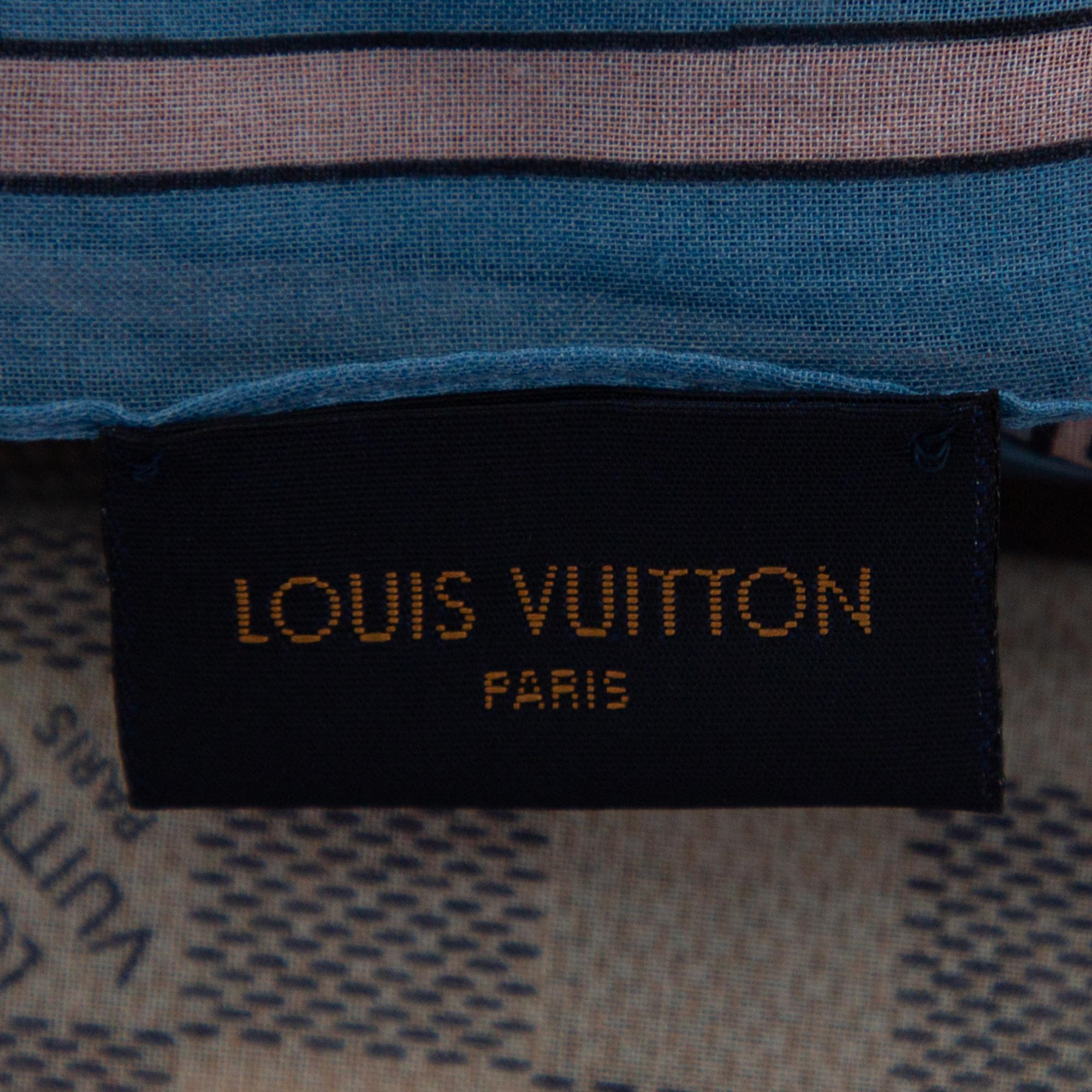 Gray Louis Vuitton Beige & Blue Damier Azur Straps Cotton Scarf