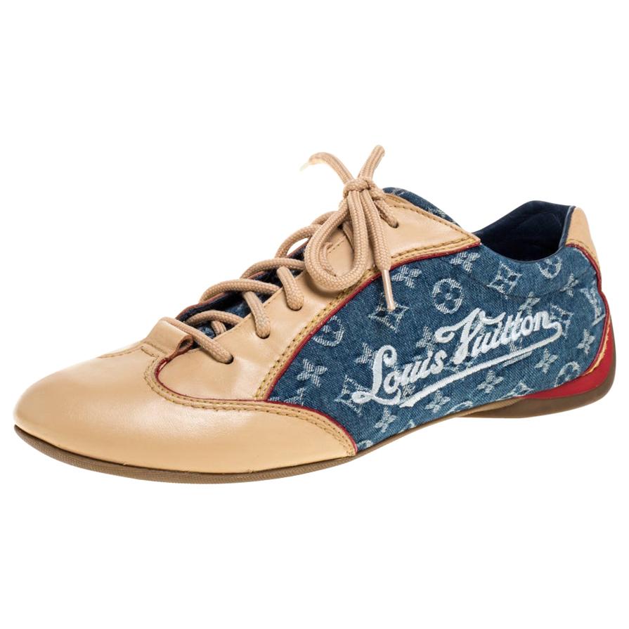 Louis Vuitton Beige/Blue Monogram Denim And Leather Low Top Sneakers Size 36