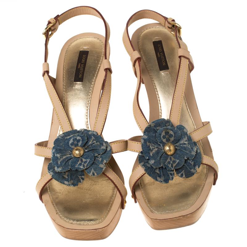Brown Louis Vuitton Beige/Blue Monogram Floral Platform Strappy Sandals Size 39.5