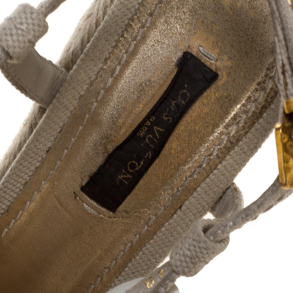 Louis Vuitton Beige Canvas Medallion Leather Detail Espadrille Wedge Size 37 For Sale 1