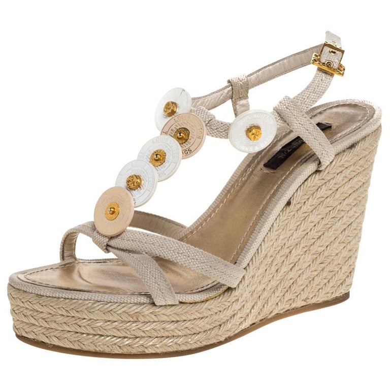 Louis Vuitton Beige Canvas Medallion Leather Detail Espadrille Wedge Size  37 For Sale at 1stDibs