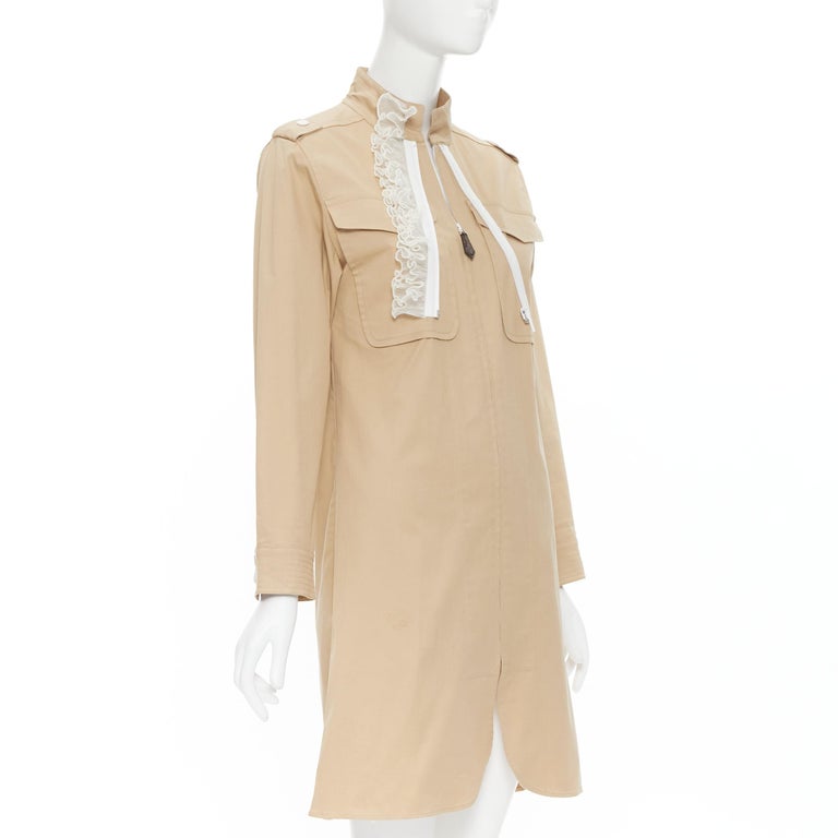 LOUIS VUITTON beige khaki cotton ruffle zip front military dress FR36 S For  Sale at 1stDibs