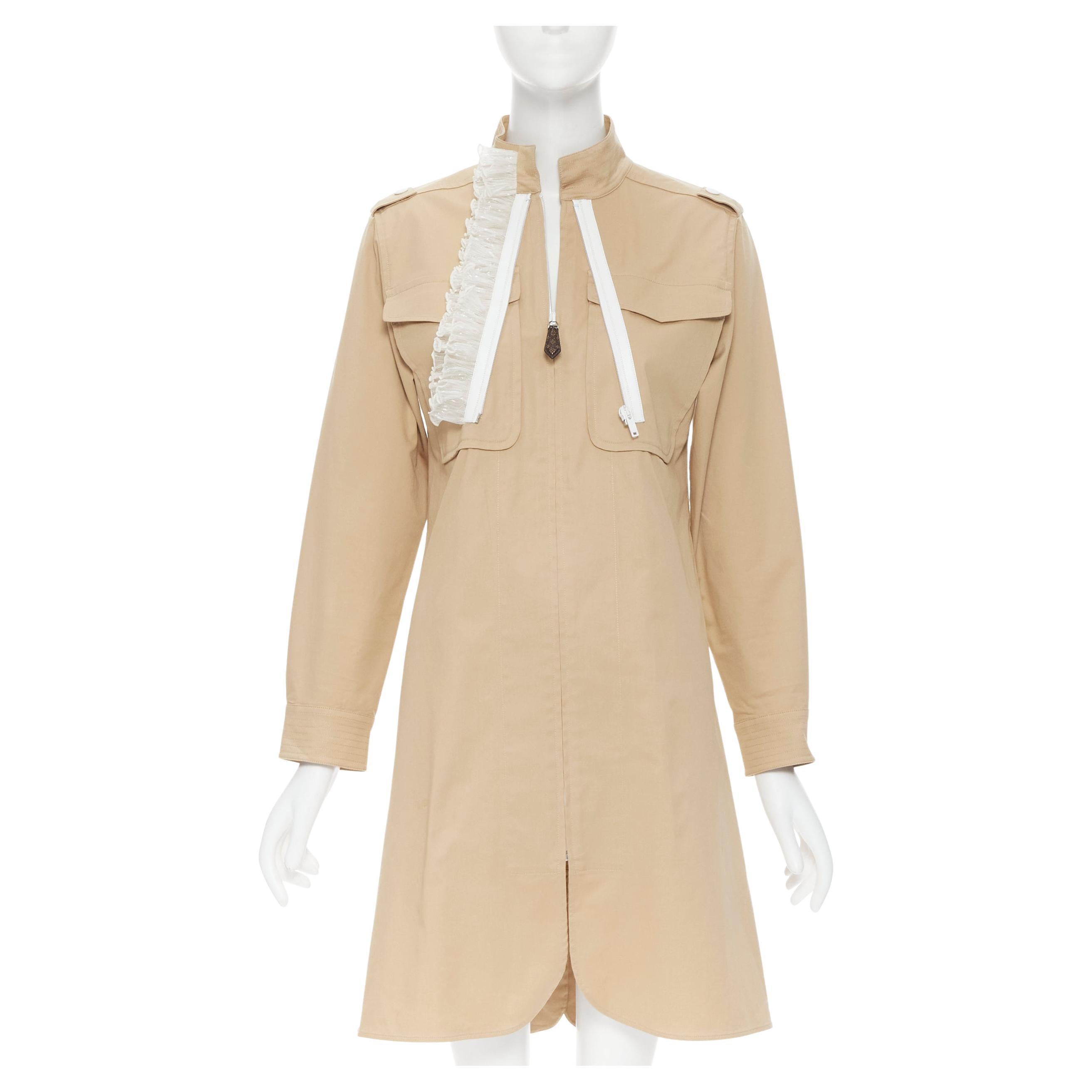 LOUIS VUITTON beige khaki cotton ruffle zip front military dress FR36 S
