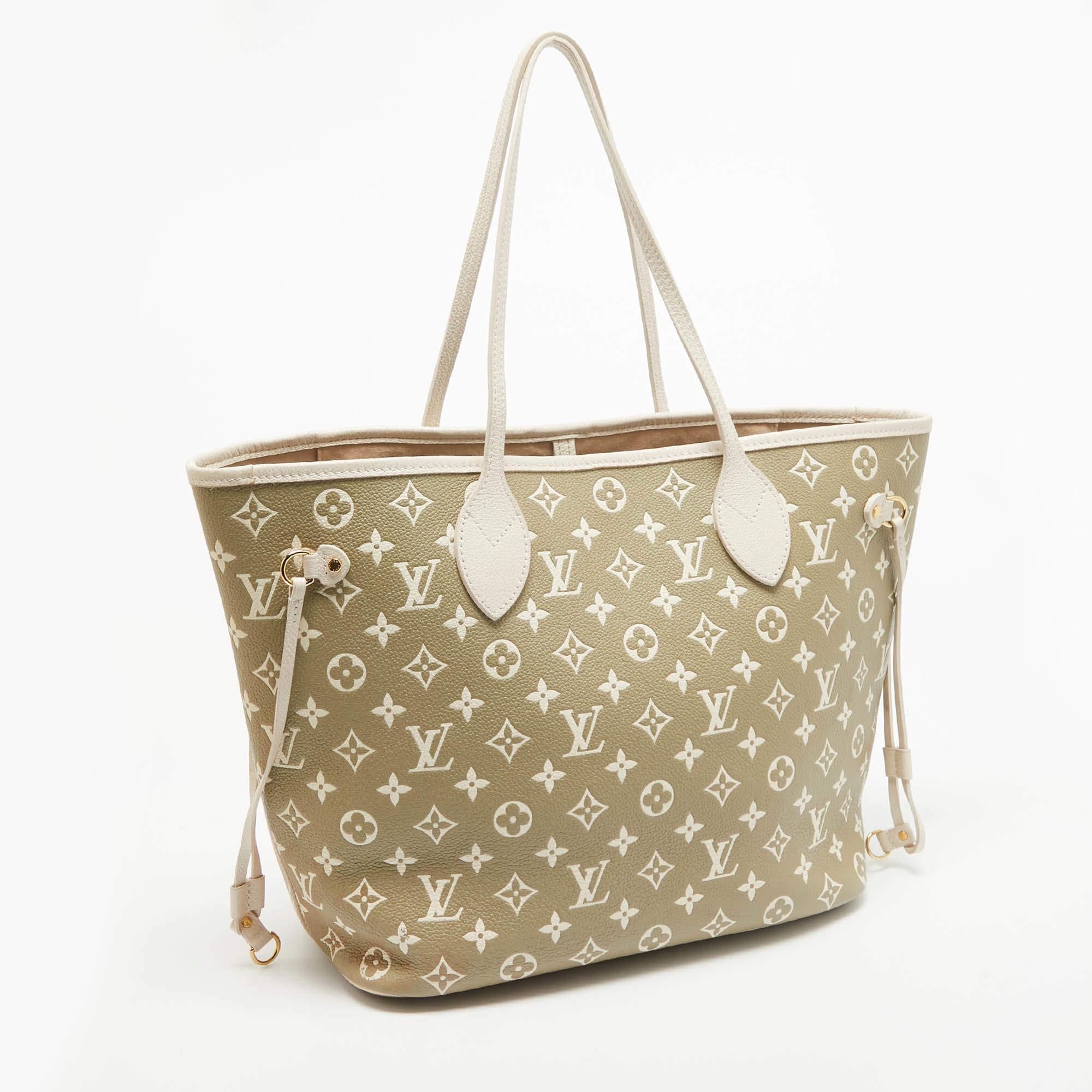 Louis Vuitton Neverfull MM Tasche aus Empreinte-Leder in Beige/Khakigrün mit Monogramm Damen