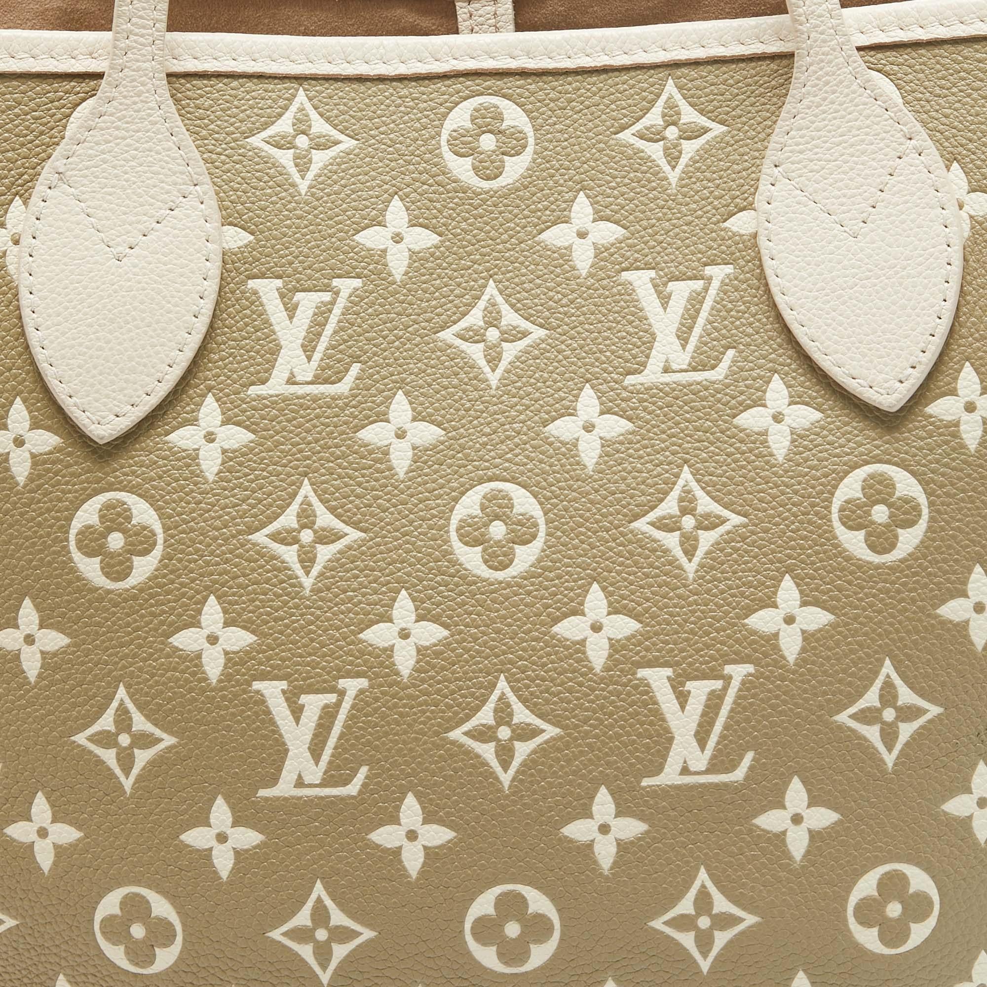 Louis Vuitton Neverfull MM Tasche aus Empreinte-Leder in Beige/Khakigrün mit Monogramm 4