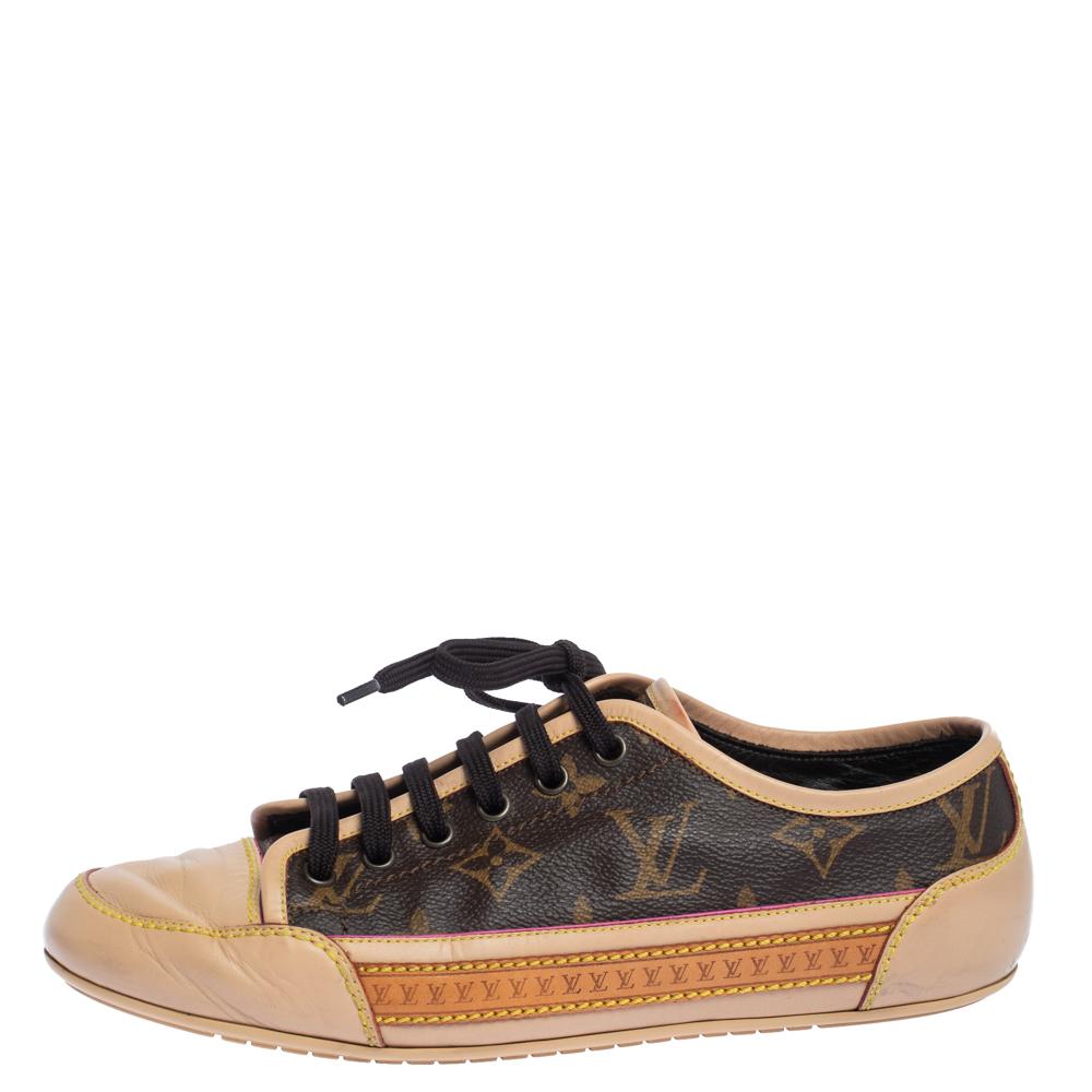 Add a perfect Louis Vuitton touch to your outfit with these Capucine Sneakers. Crafted from beige leather and monogram coated canvas, they feature logo details on the midsoles and gunmetal-tone hardware. These round-toed, lace-ups feature