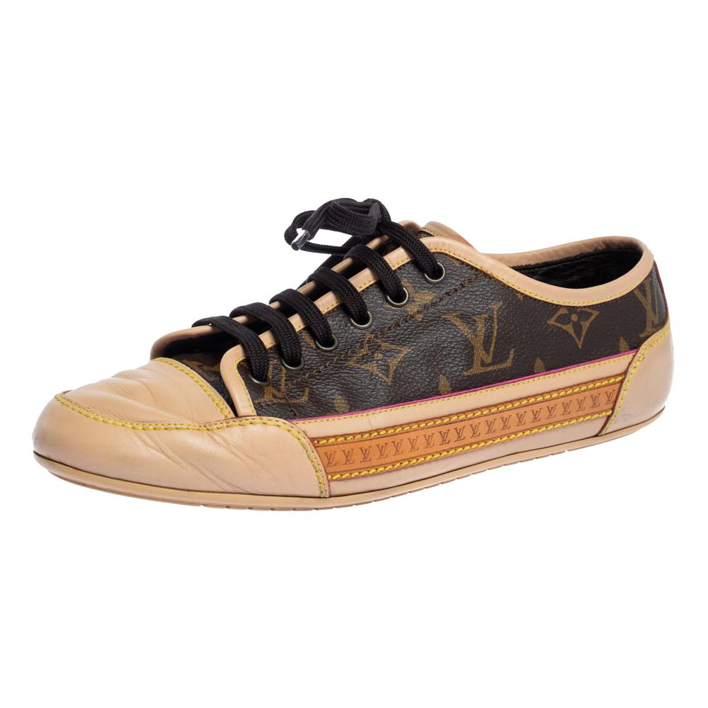 Louis Vuitton Beige Leather And Brown Monogram Canvas Capucine Sneaker Size 37.5