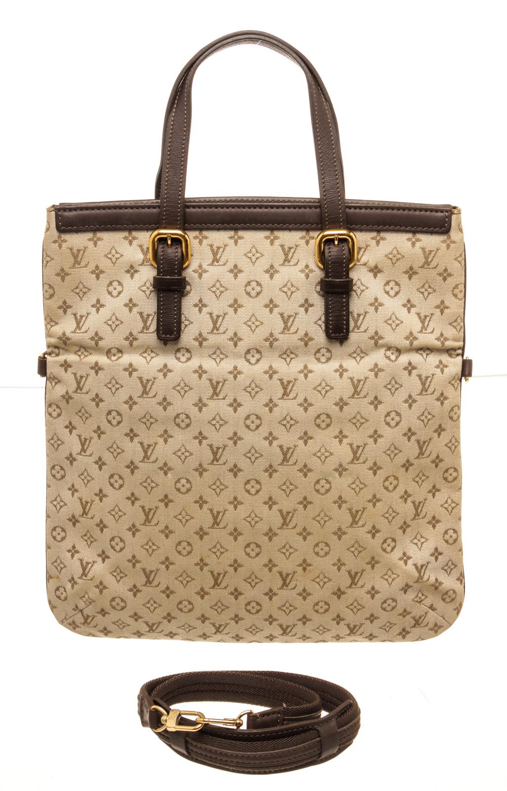 Louis Vuitton Beige Light Green Mini Lin Francoise Tote Bag with gold-tone hardware, gray fabric interior lining, one zip pocket at interior wall, dual flat leather handles, removable leather shoulder strap and open top.

46511MSC