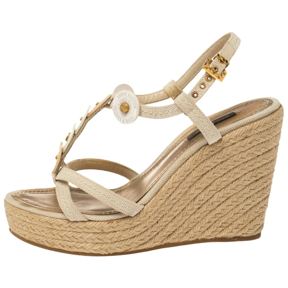 Louis Vuitton Beige Medallion Leather Espadrille Wedge Platform Sandals Size 38