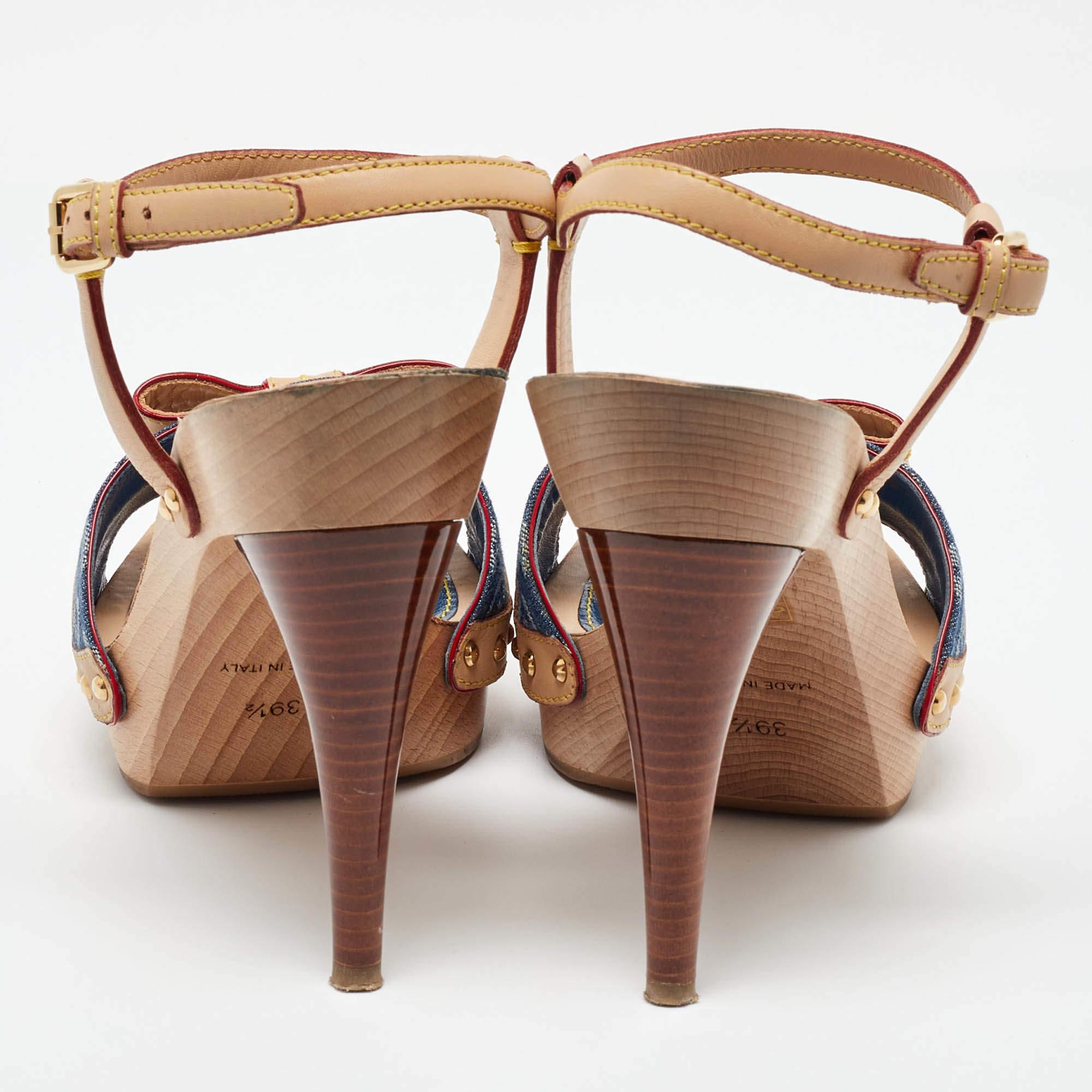 Louis Vuitton Beige Monogram Denim Leather Bow Ankle Strap Sandals Size 39.5 1