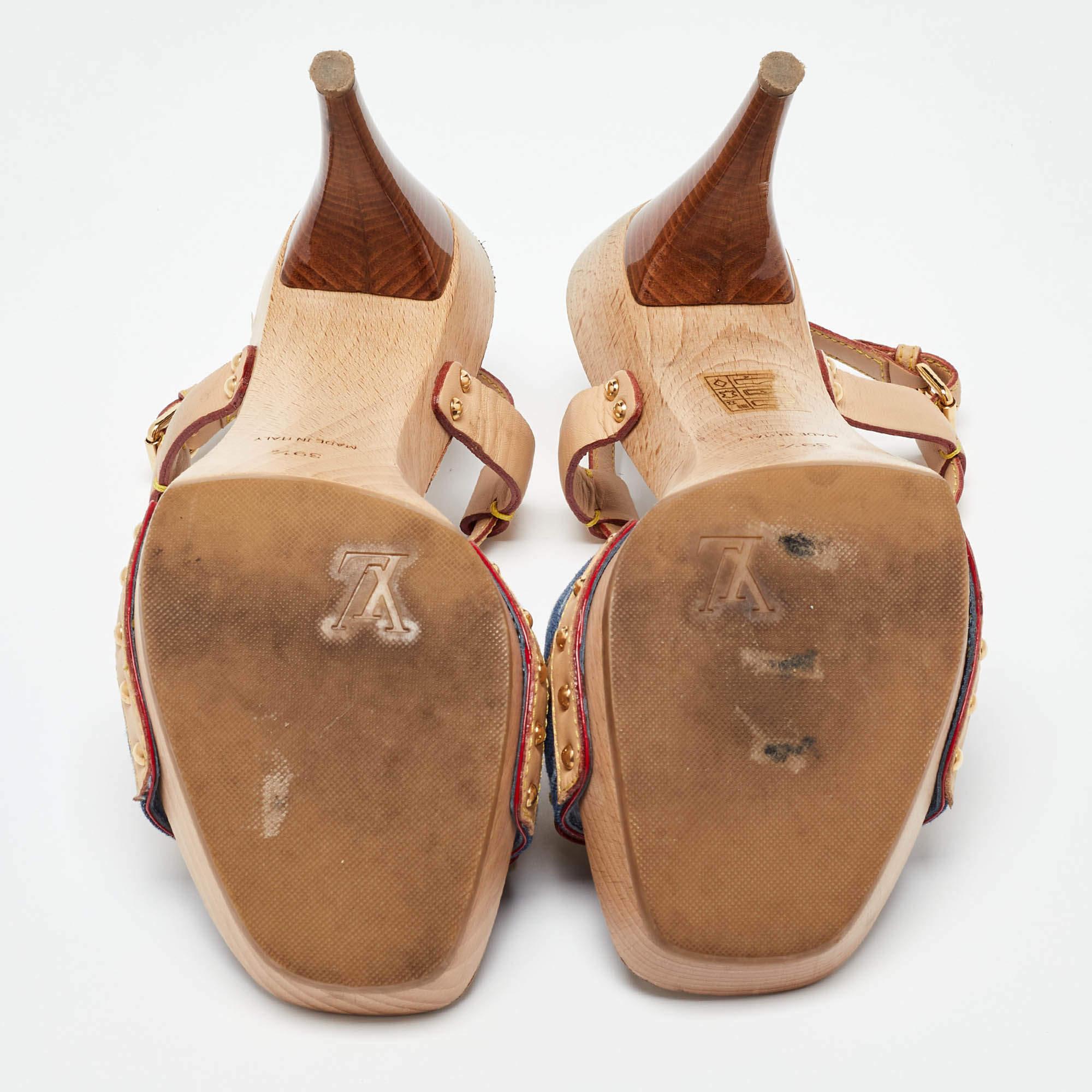 Louis Vuitton Beige Monogram Denim Leather Bow Ankle Strap Sandals Size 39.5 2