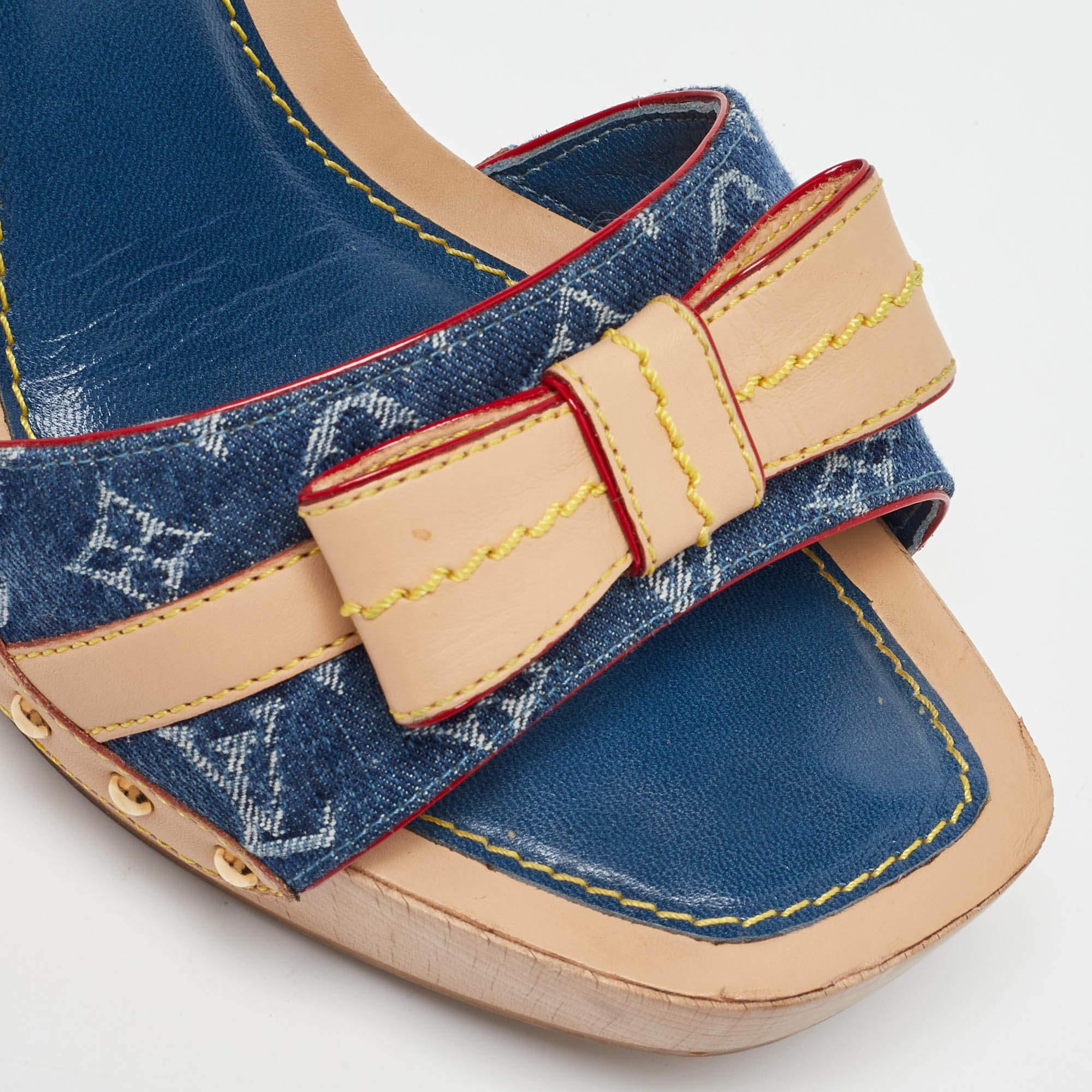 Louis Vuitton Beige Monogram Denim Leather Bow Ankle Strap Sandals Size 39.5 3