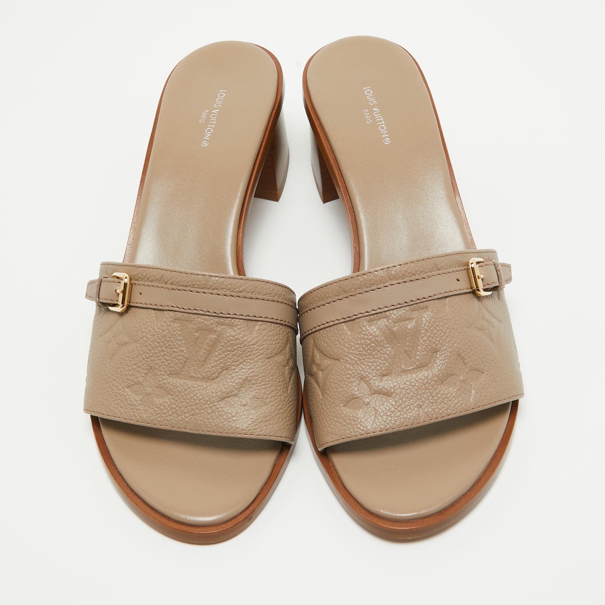 Women's Louis Vuitton Beige Monogram Embossed Leather Block Heel Slide Sandals Size 40
