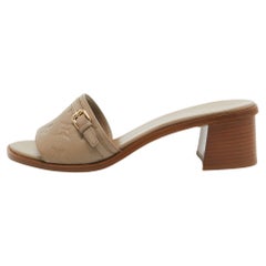 Used Louis Vuitton Beige Monogram Embossed Leather Block Heel Slide Sandals Size 40