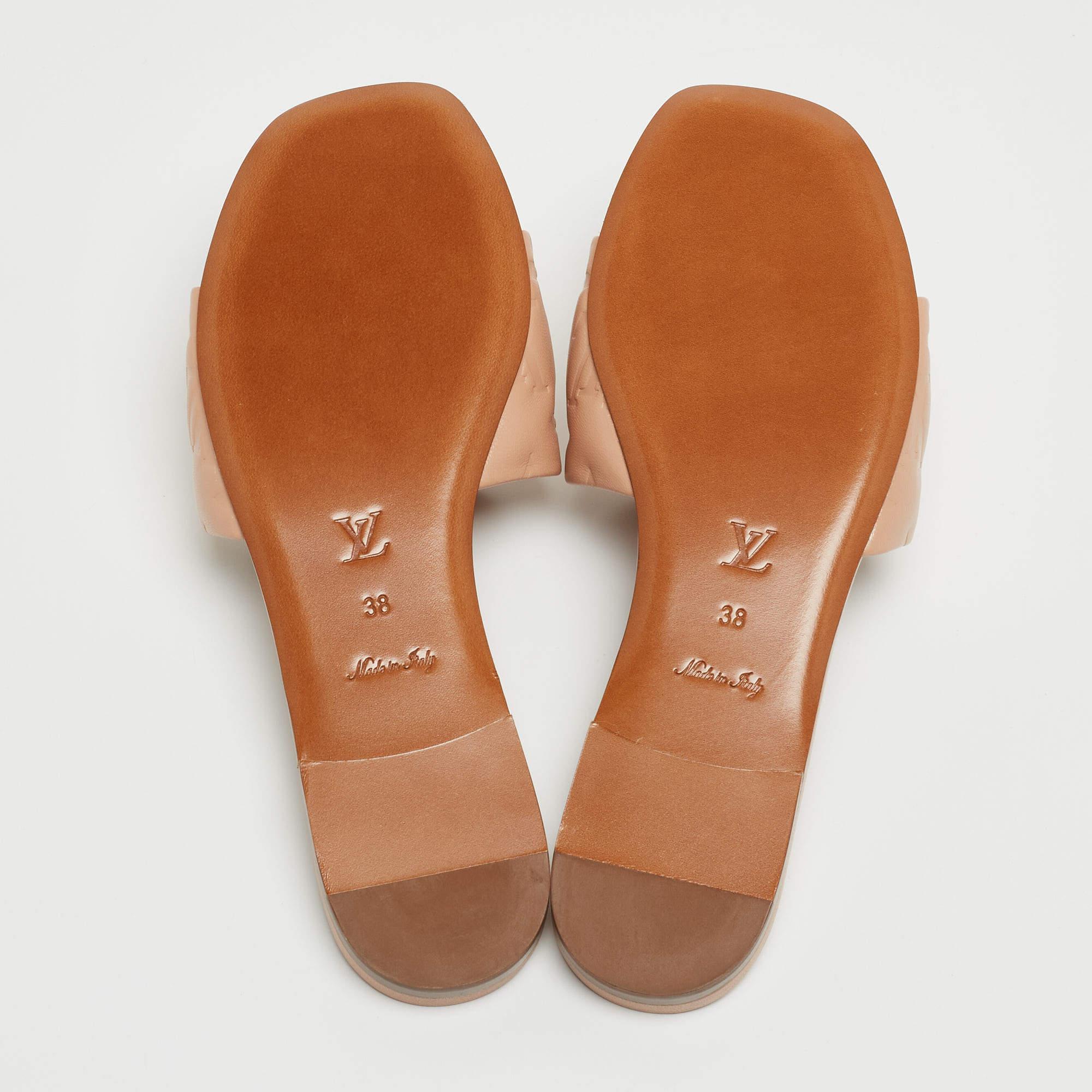 Women's Louis Vuitton Beige Monogram Embossed Leather Revival Flat Mules Size 38
