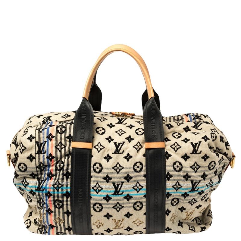 This Louis Vuitton Monogram Cheche Tuareg is from their 2010 Spring and Summer collection. Destined for the modern traveler of today, this gorgeous satchel is made from monogram beige fabric that is highlighted with fluorescent blue, gold, and
