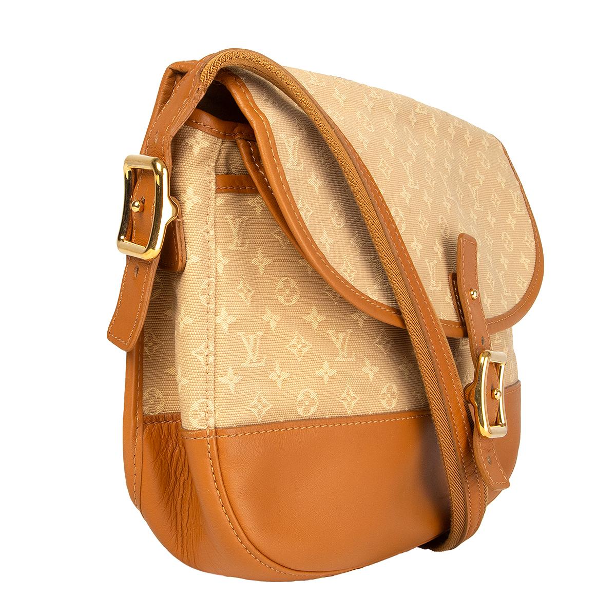 100% authentic Louis Vuitton 'Majorie Shoulder Bag Monogram Mini Lin' in beige Monogram Mini Lin canvas and tan calfskin featuring gold-tone hardware. Opens with a flap and has a another flap pocket under the main flap. Lined in beige canvas with