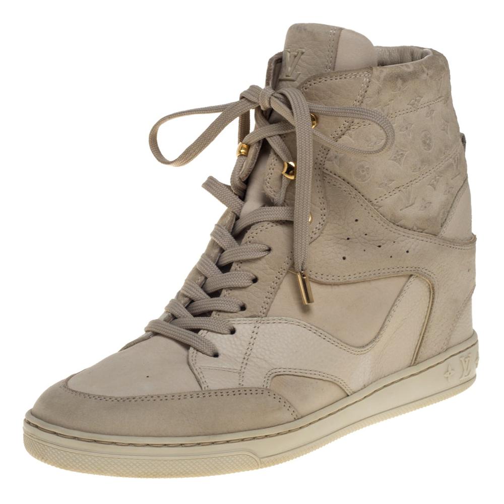 Louis Vuitton Beige Monogram Suede And Leather Millenium Wedge Sneakers Size 39