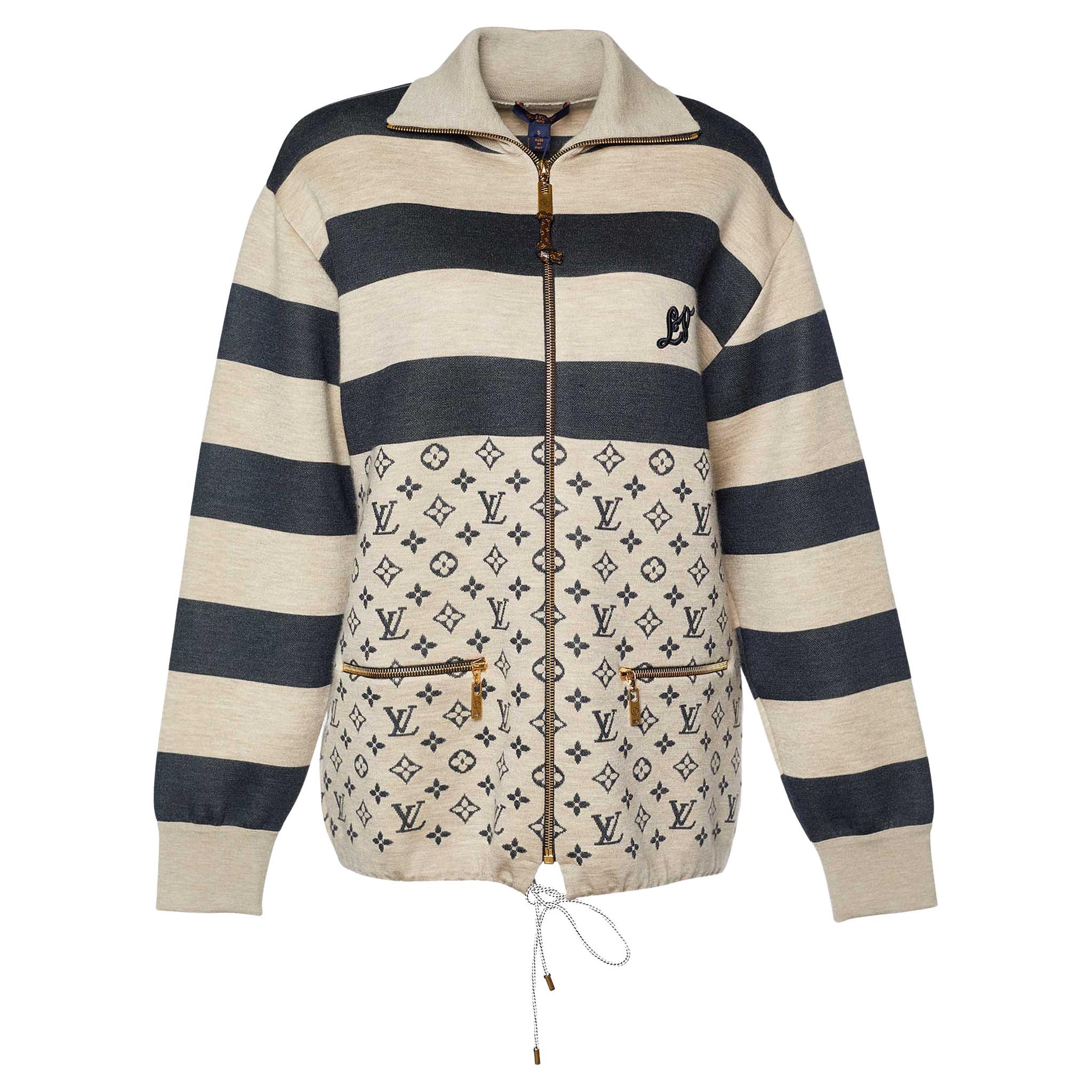 Louis Vuitton Beige and Navy Cashmere Blend Striped and Monogram