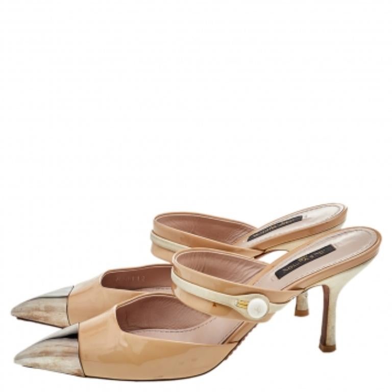 Women's Louis Vuitton Beige Patent Leather And Suede Metal Cap Toe Mules Size 38.5