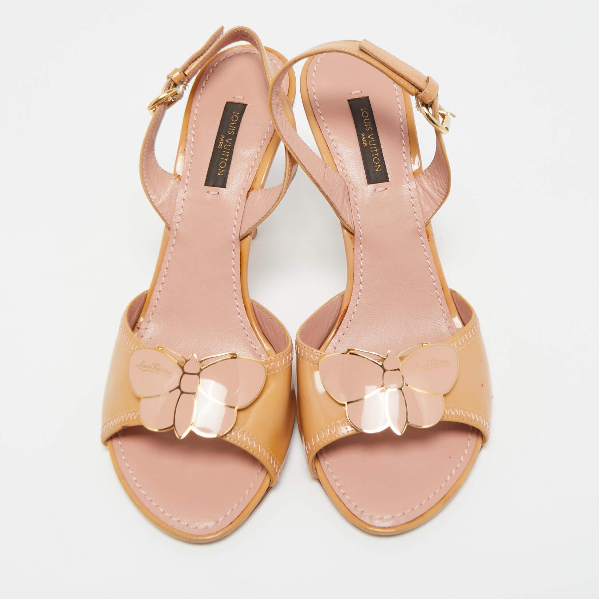 Louis Vuitton Beige Patent Leather Butterfly Slingback Sandals Size 36.5 For Sale 1
