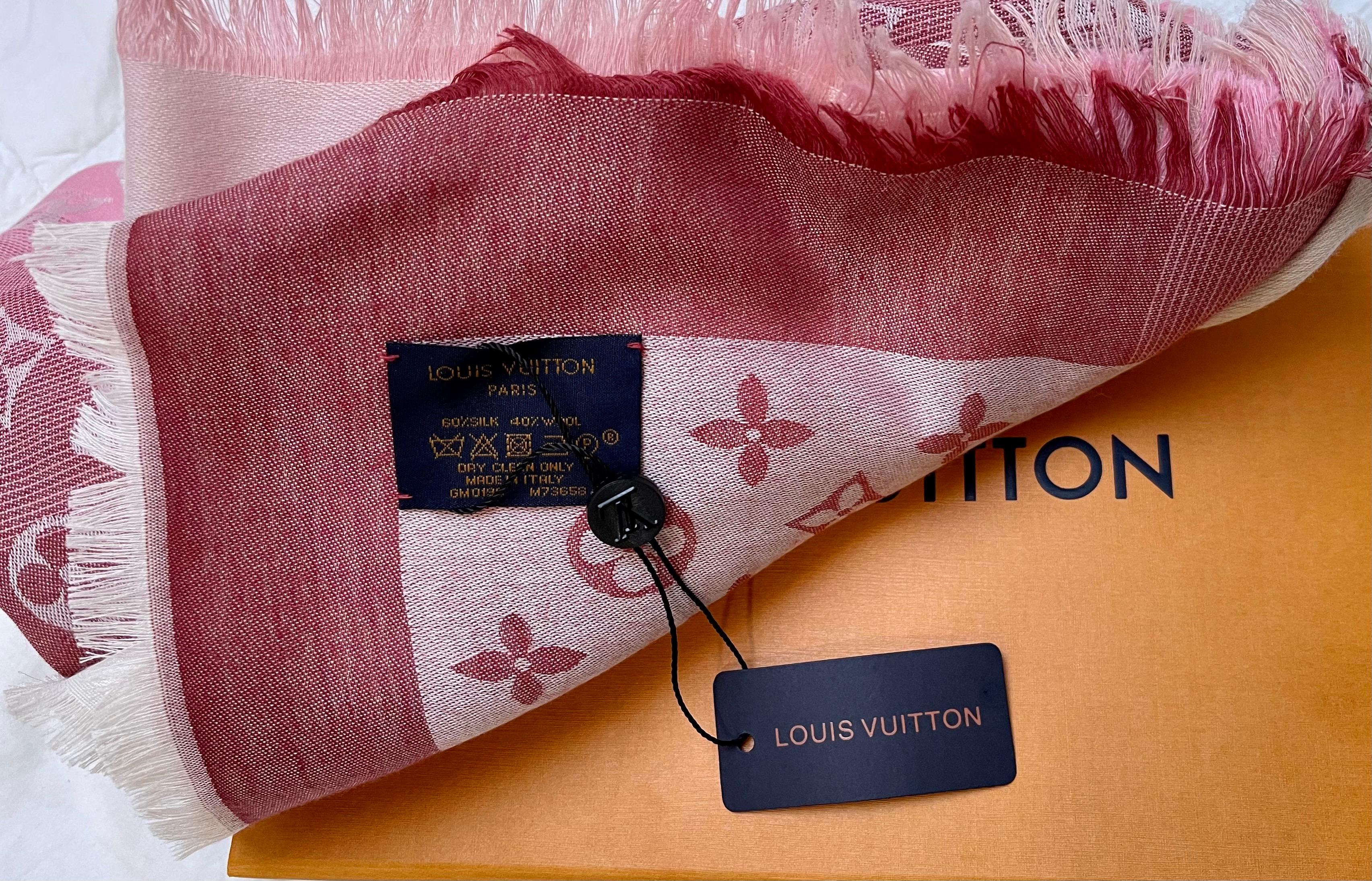 Louis Vuitton Beige/Pink/Rose /Rouge Shaded Monogram Shawl Scarf/Wrap Size 56X56
BRAND NEW, AUTHENTIC, SOLD OUT, HARD TO FIND*
Take home this beautiful  Shaded monogram shawl .Color range from Beige to pink to Rose to Rouge
Made from a bland of 60%