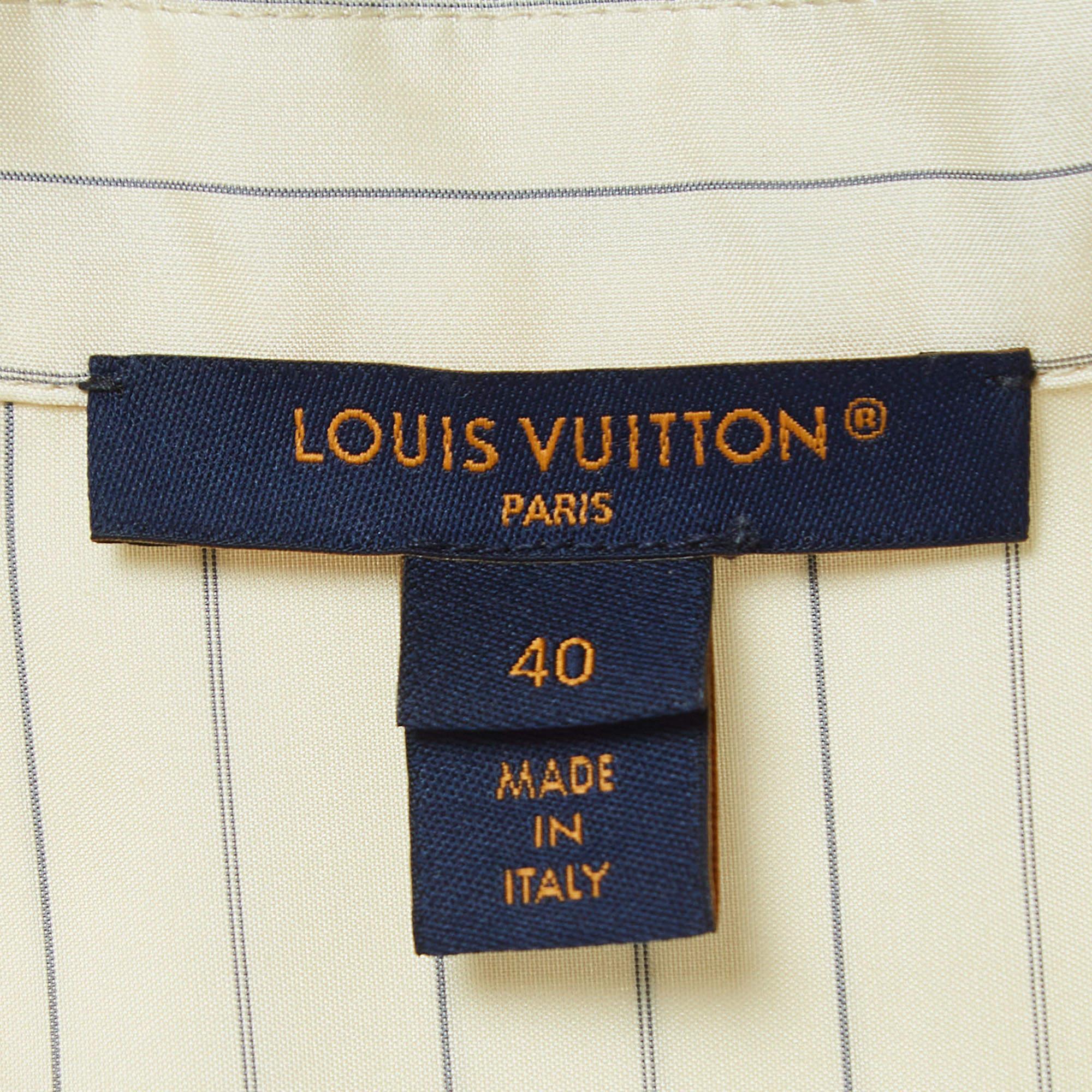 Louis Vuitton Beige Pinstripe Silk Dipped Hem Zip-Up Shirt L In Excellent Condition For Sale In Dubai, Al Qouz 2