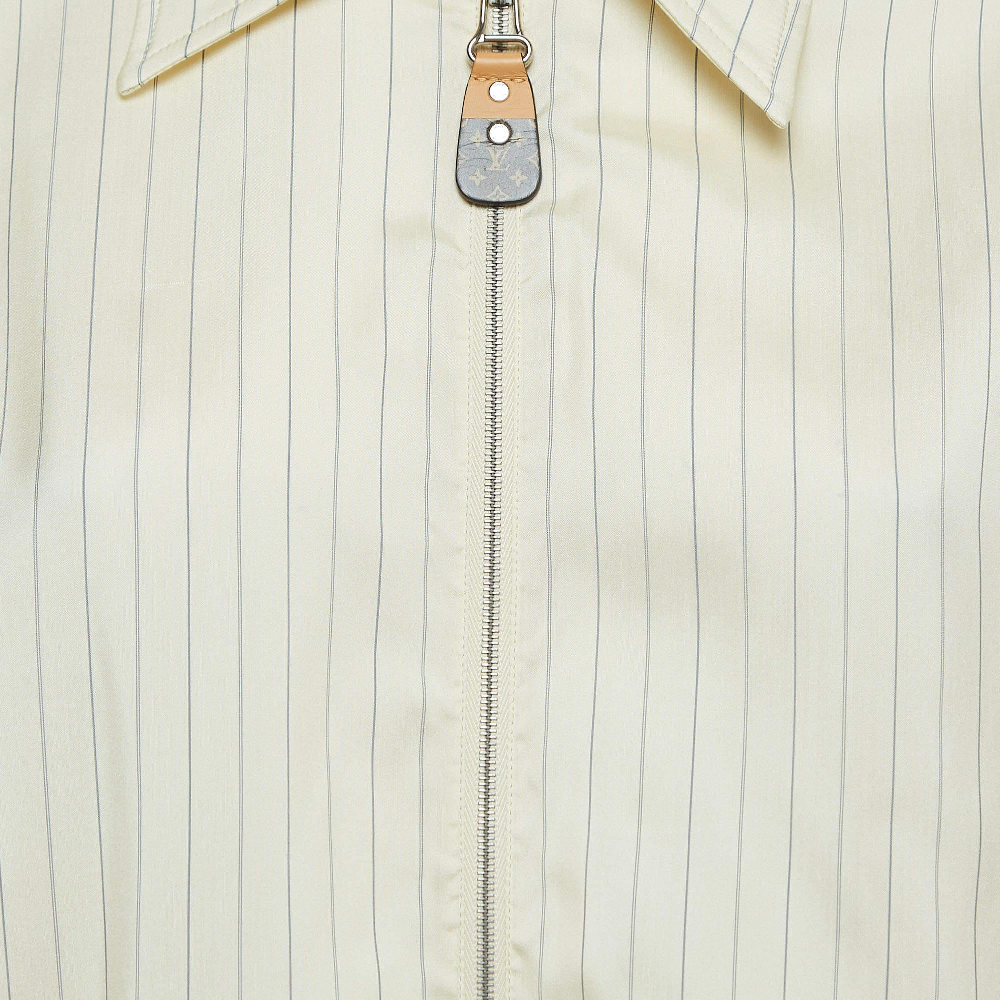 Women's Louis Vuitton Beige Pinstripe Silk Dipped Hem Zip-Up Shirt L For Sale