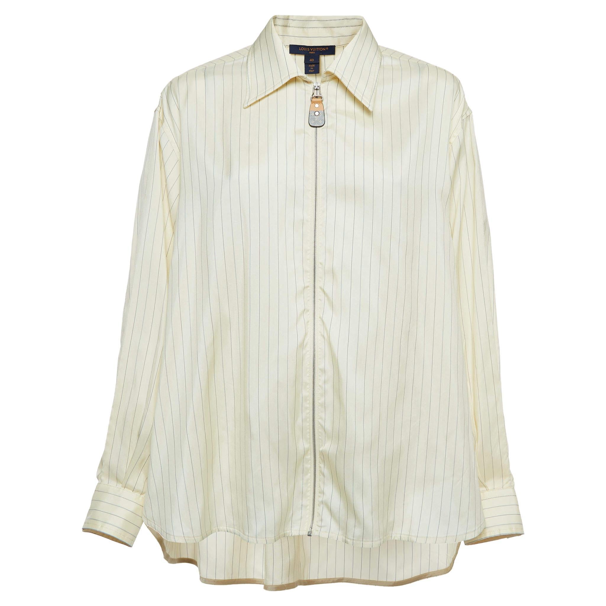 Louis Vuitton Beige Pinstripe Silk Dipped Hem Zip-Up Shirt L For Sale