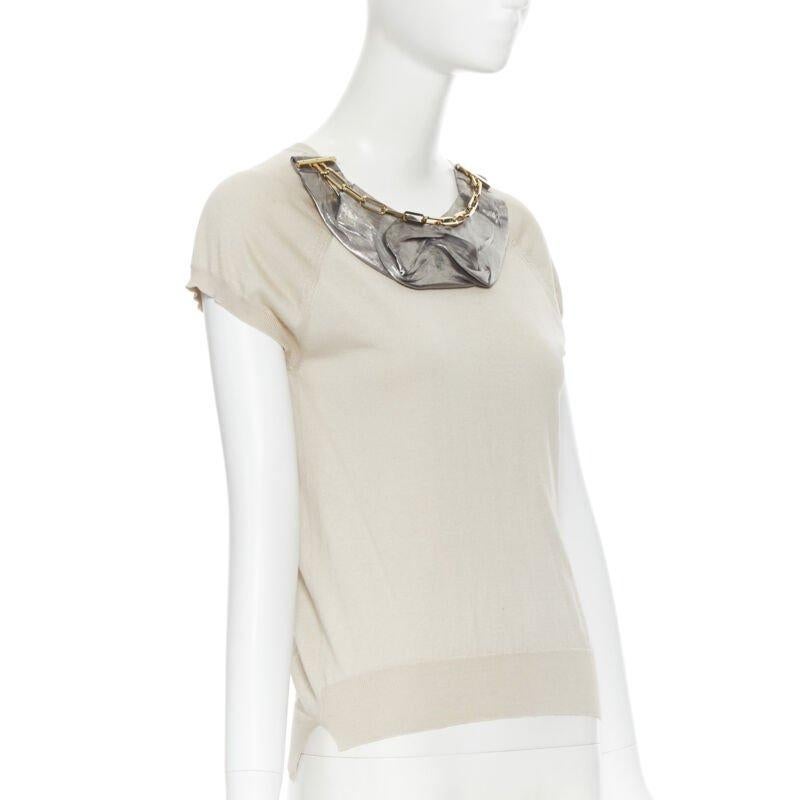 Gray LOUIS VUITTON beige silk cotton knit gold chain necklace pullover top XS For Sale