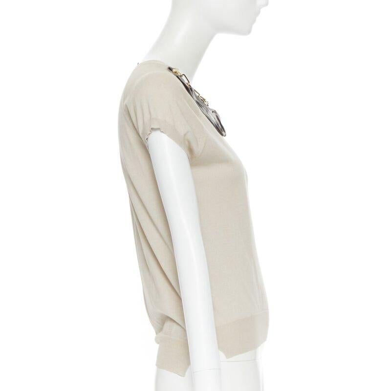LOUIS VUITTON beige silk cotton knit gold chain necklace pullover top XS In Good Condition For Sale In Hong Kong, NT