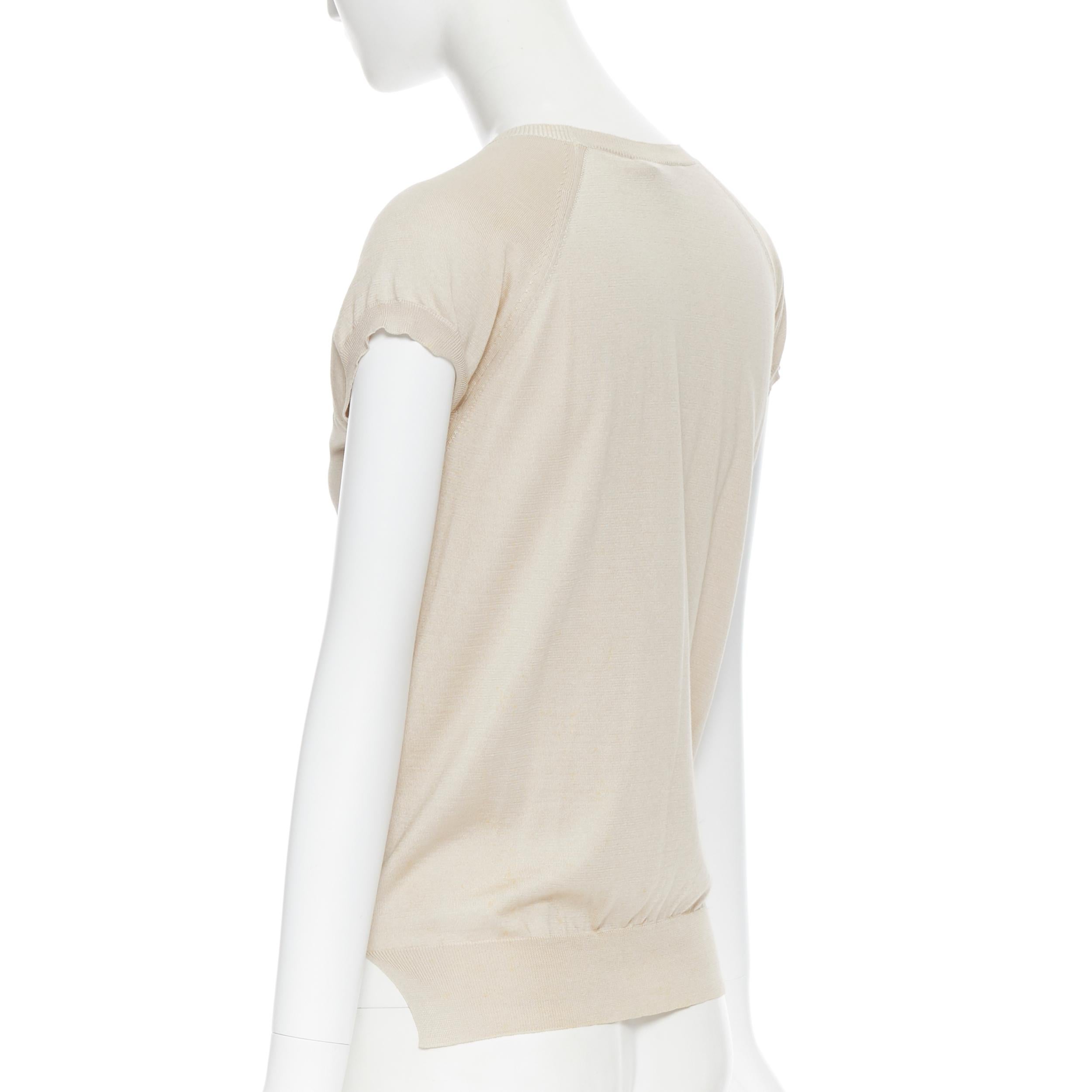 Gray LOUIS VUITTON beige silk cotton knit gold chain necklace pullover top XS For Sale